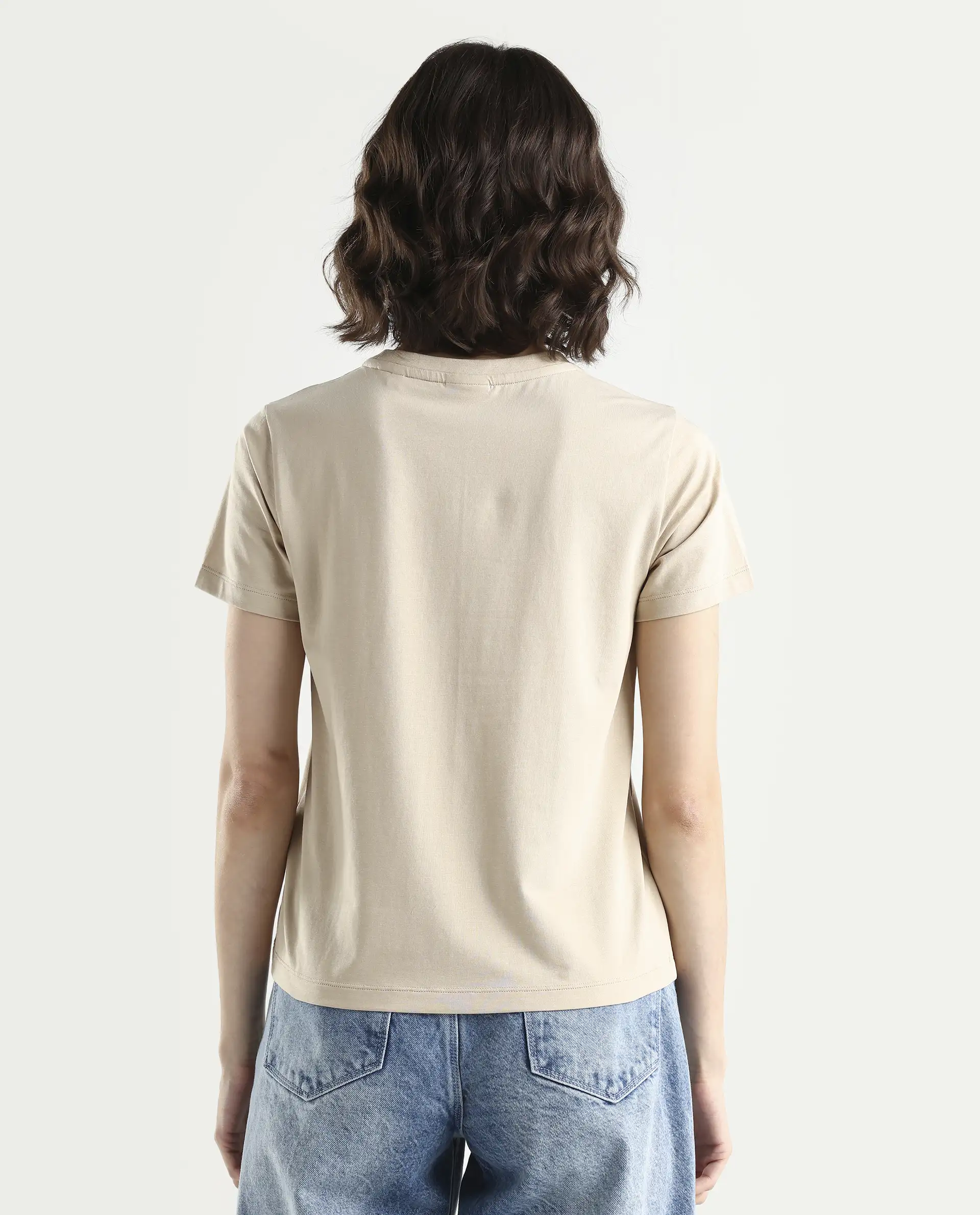 Rareism Women's Zak Beige Cotton Blend Half Sleeve Regular Fit Badge Print T-Shirt - Image 7