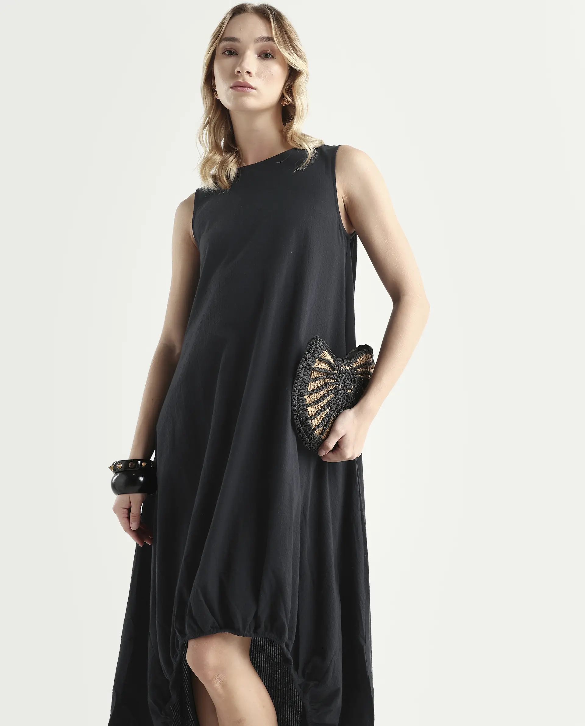 Rareism Women's Zakura Black Cotton Crew Neck Striped Sleeveless Maxi Balloon Dress