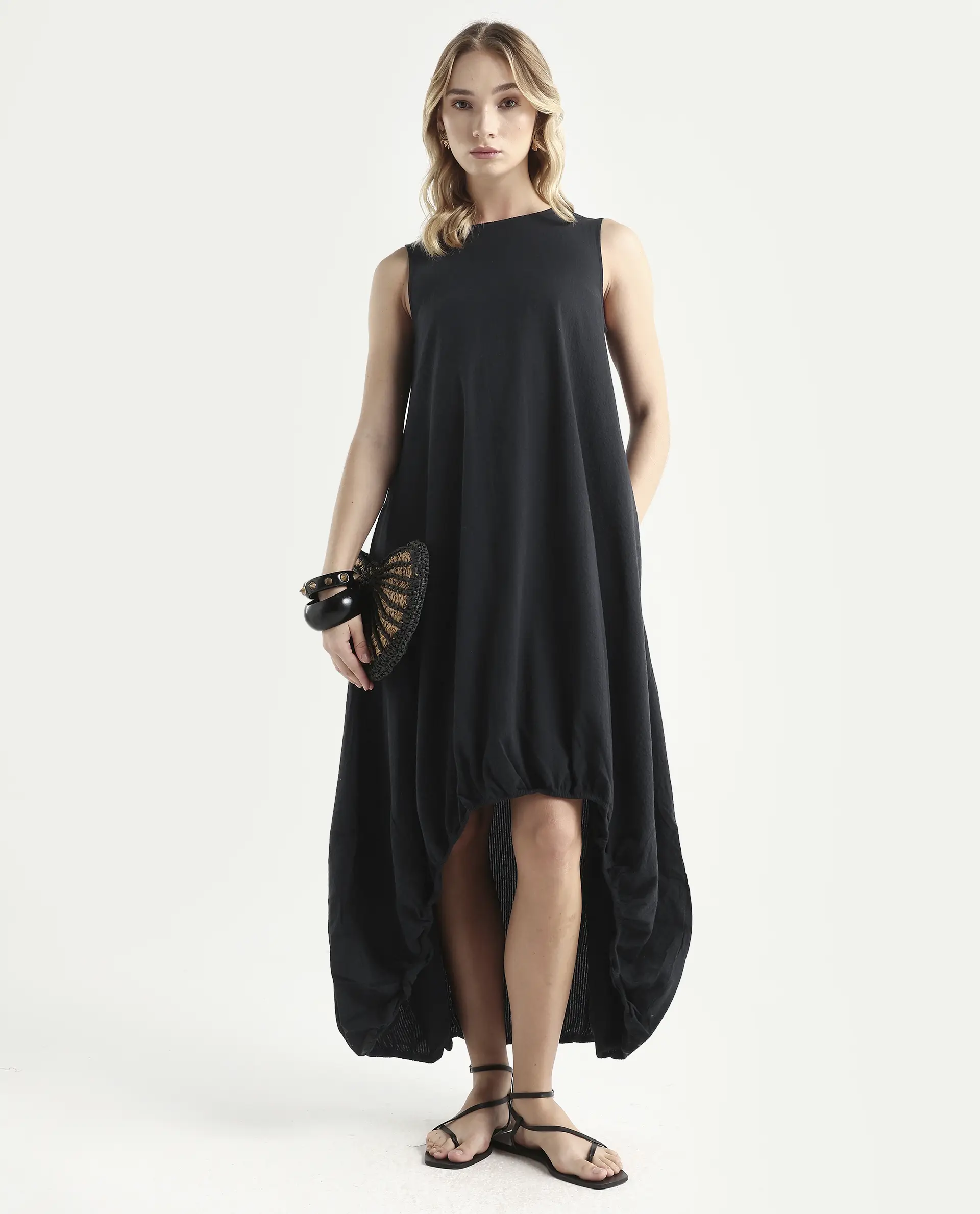 Rareism Women's Zakura Black Cotton Crew Neck Striped Sleeveless Maxi Balloon Dress - Image 2