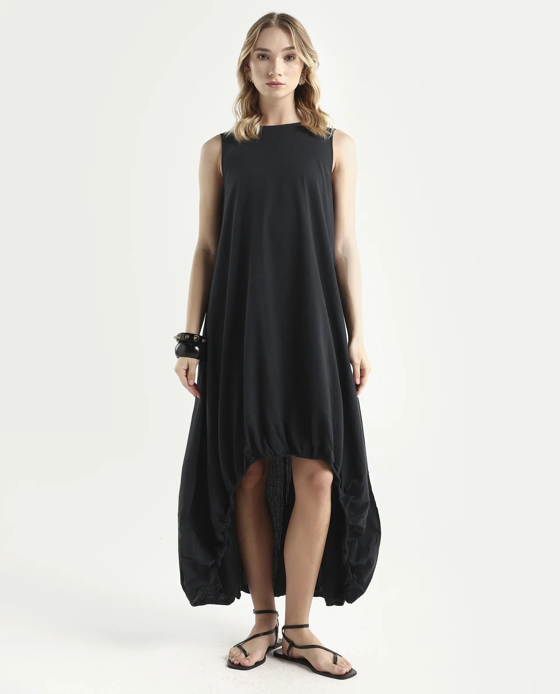 Rareism Women's Zakura Black Cotton Crew Neck Striped Sleeveless Maxi Balloon Dress - Image 4
