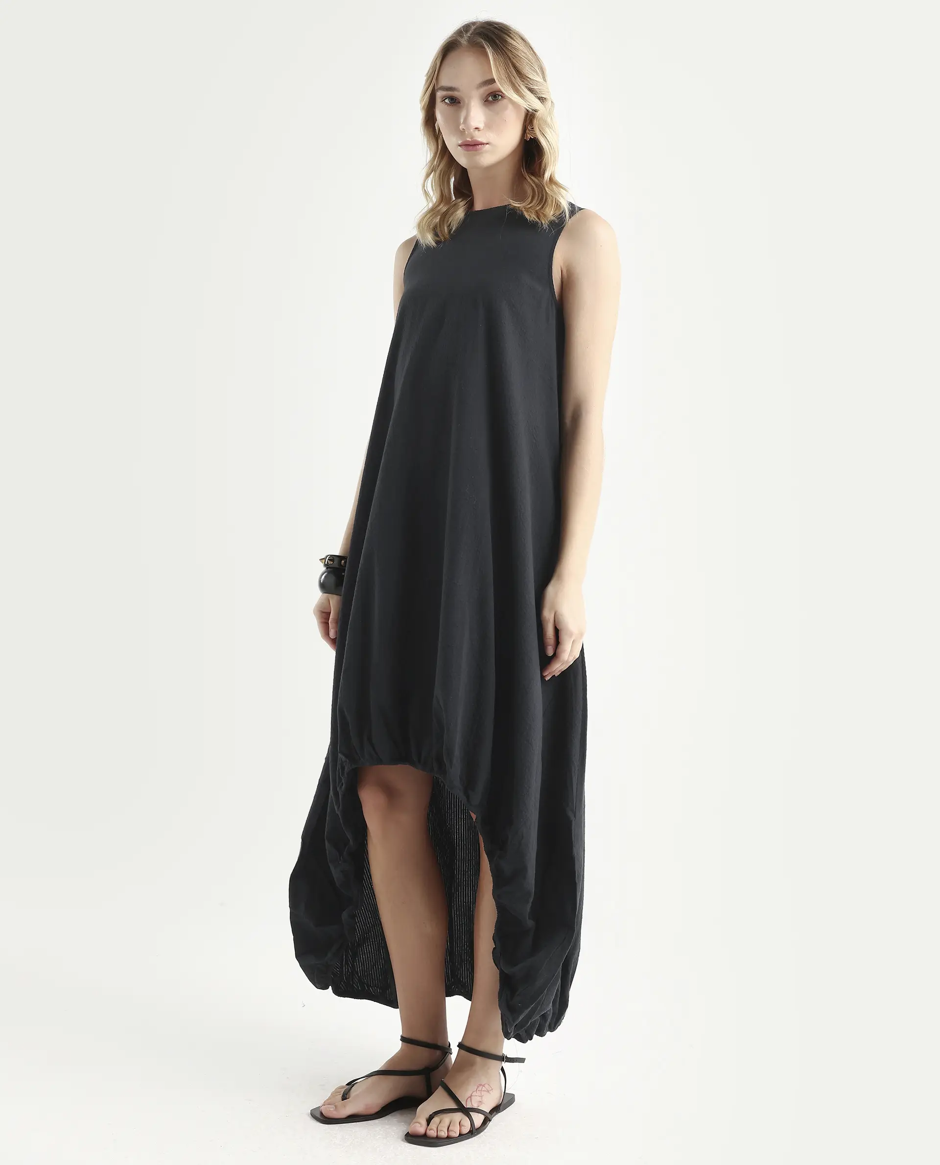 Rareism Women's Zakura Black Cotton Crew Neck Striped Sleeveless Maxi Balloon Dress - Image 5