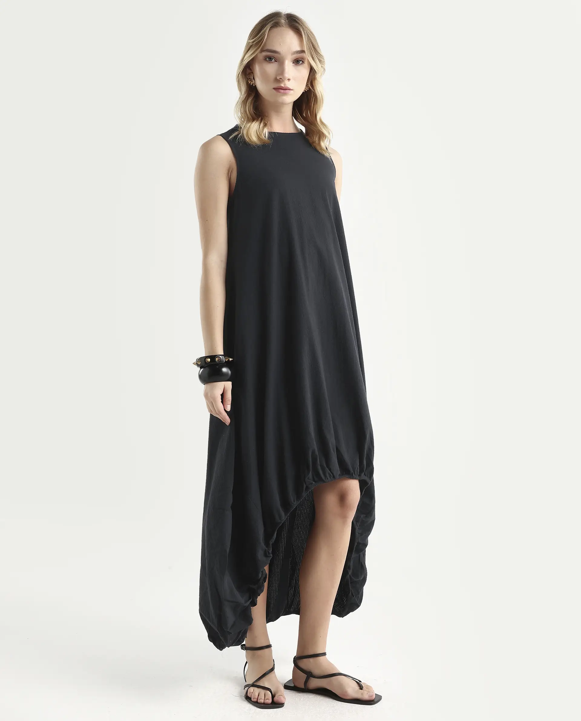 Rareism Women's Zakura Black Cotton Crew Neck Striped Sleeveless Maxi Balloon Dress - Image 6
