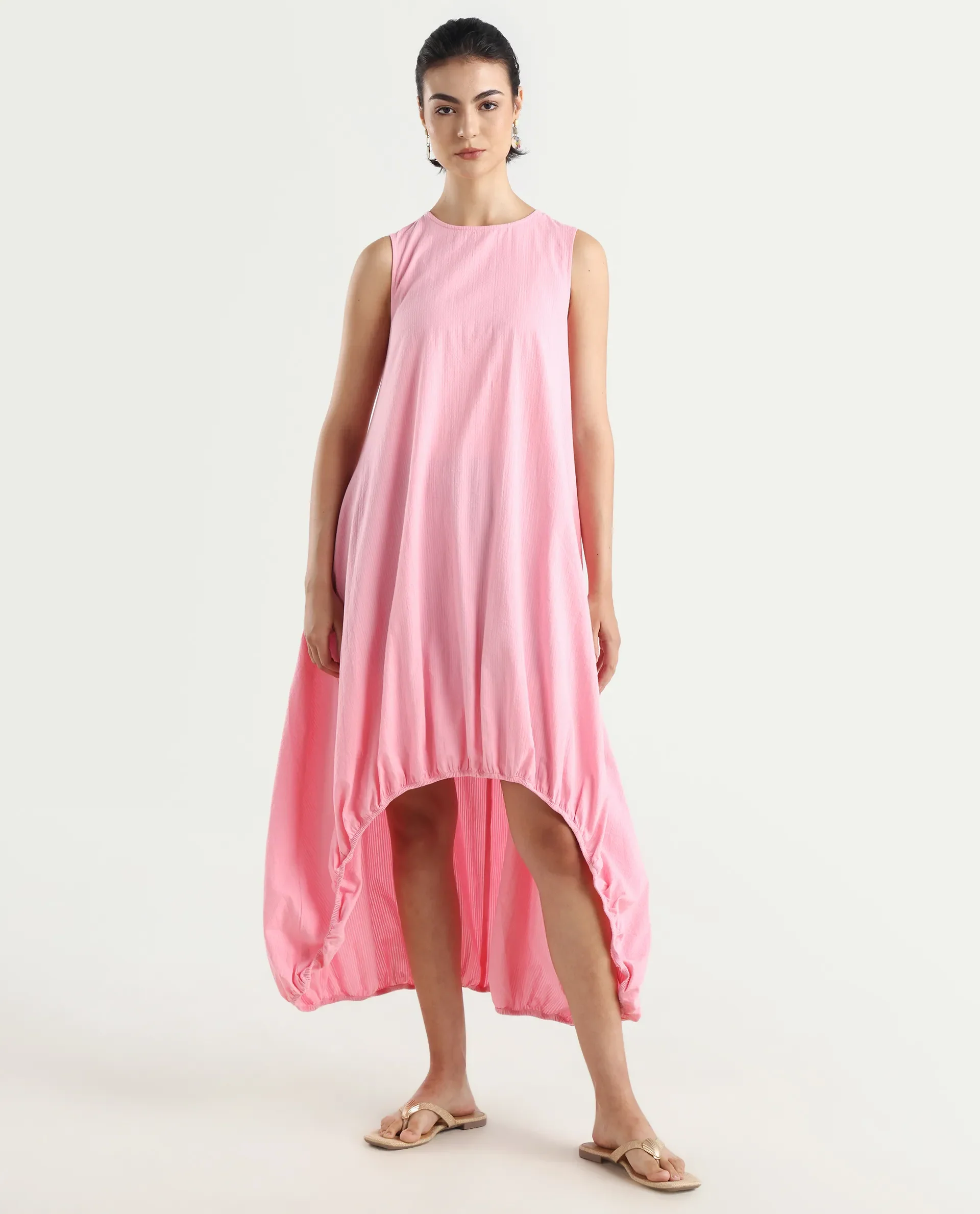 Rareism Women's Zakura Dusky Pink Cotton Crew Neck Striped Sleeveless Maxi Balloon Dress - Image 2