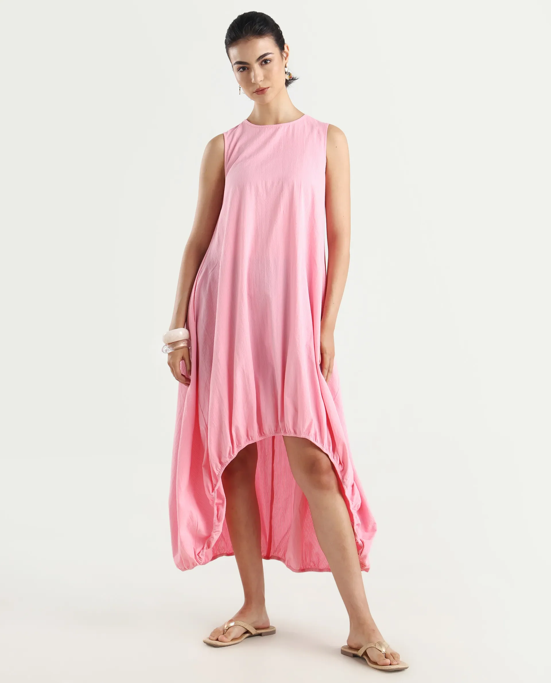 Rareism Women's Zakura Dusky Pink Cotton Crew Neck Striped Sleeveless Maxi Balloon Dress - Image 3