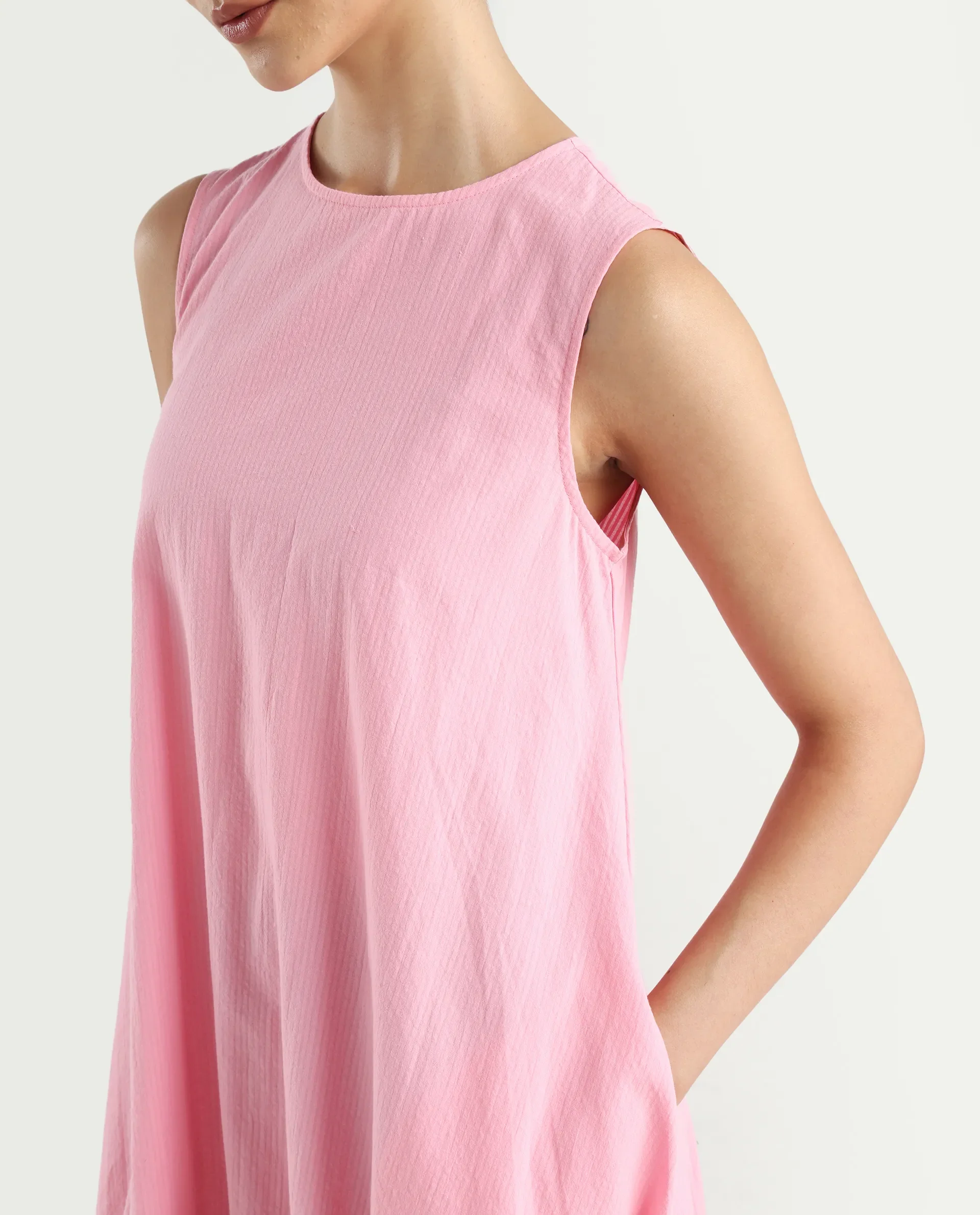 Rareism Women's Zakura Dusky Pink Cotton Crew Neck Striped Sleeveless Maxi Balloon Dress - Image 4