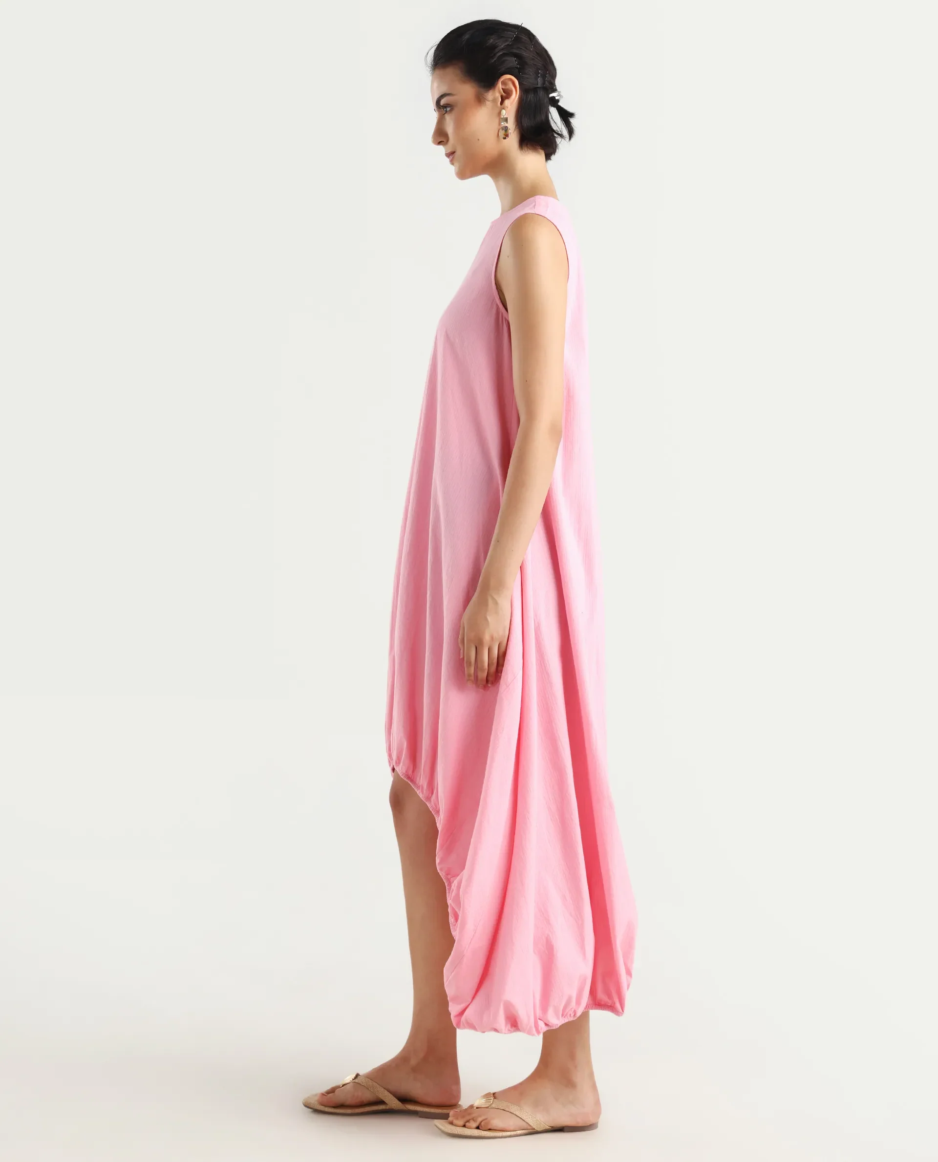 Rareism Women's Zakura Dusky Pink Cotton Crew Neck Striped Sleeveless Maxi Balloon Dress - Image 6
