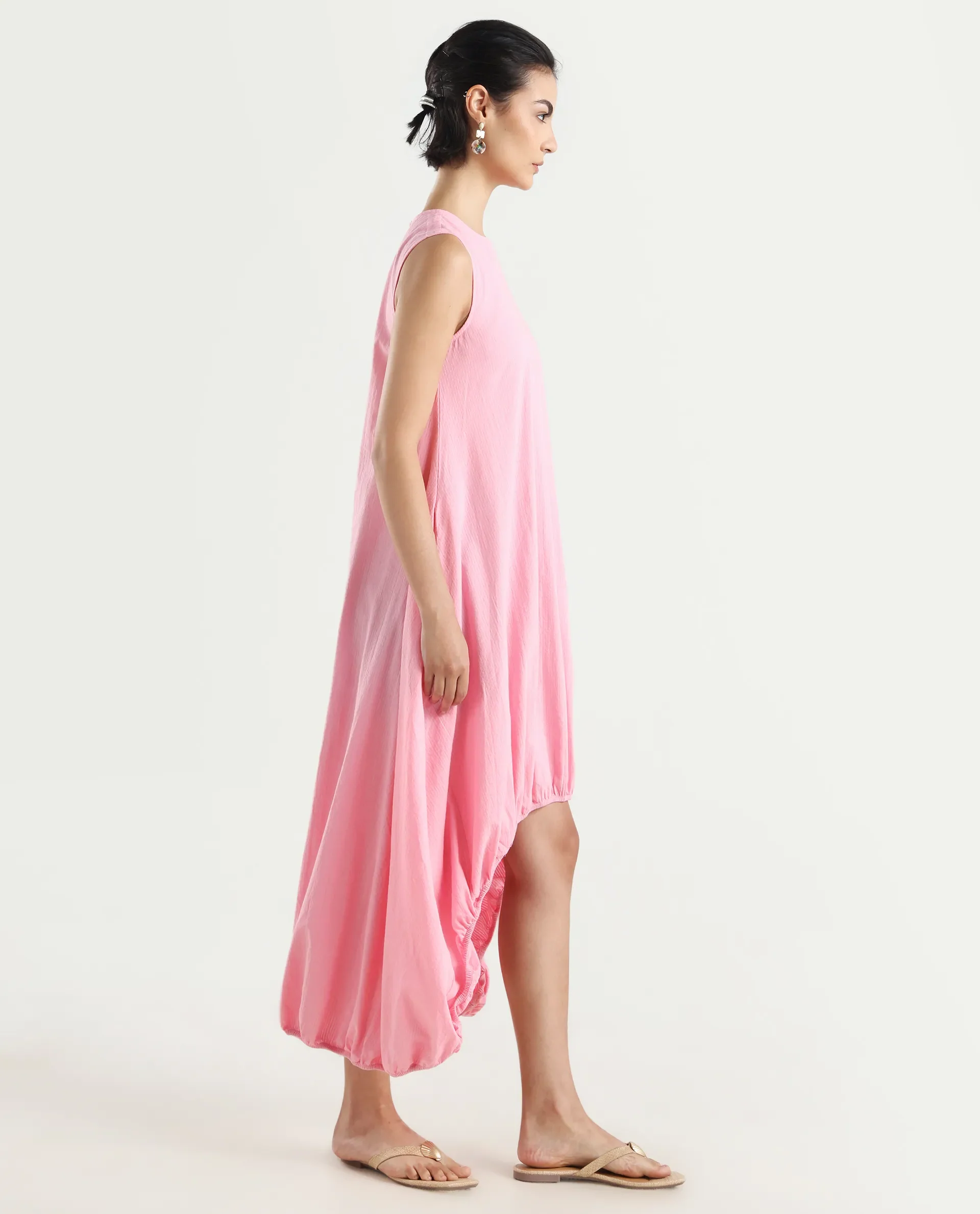 Rareism Women's Zakura Dusky Pink Cotton Crew Neck Striped Sleeveless Maxi Balloon Dress - Image 7