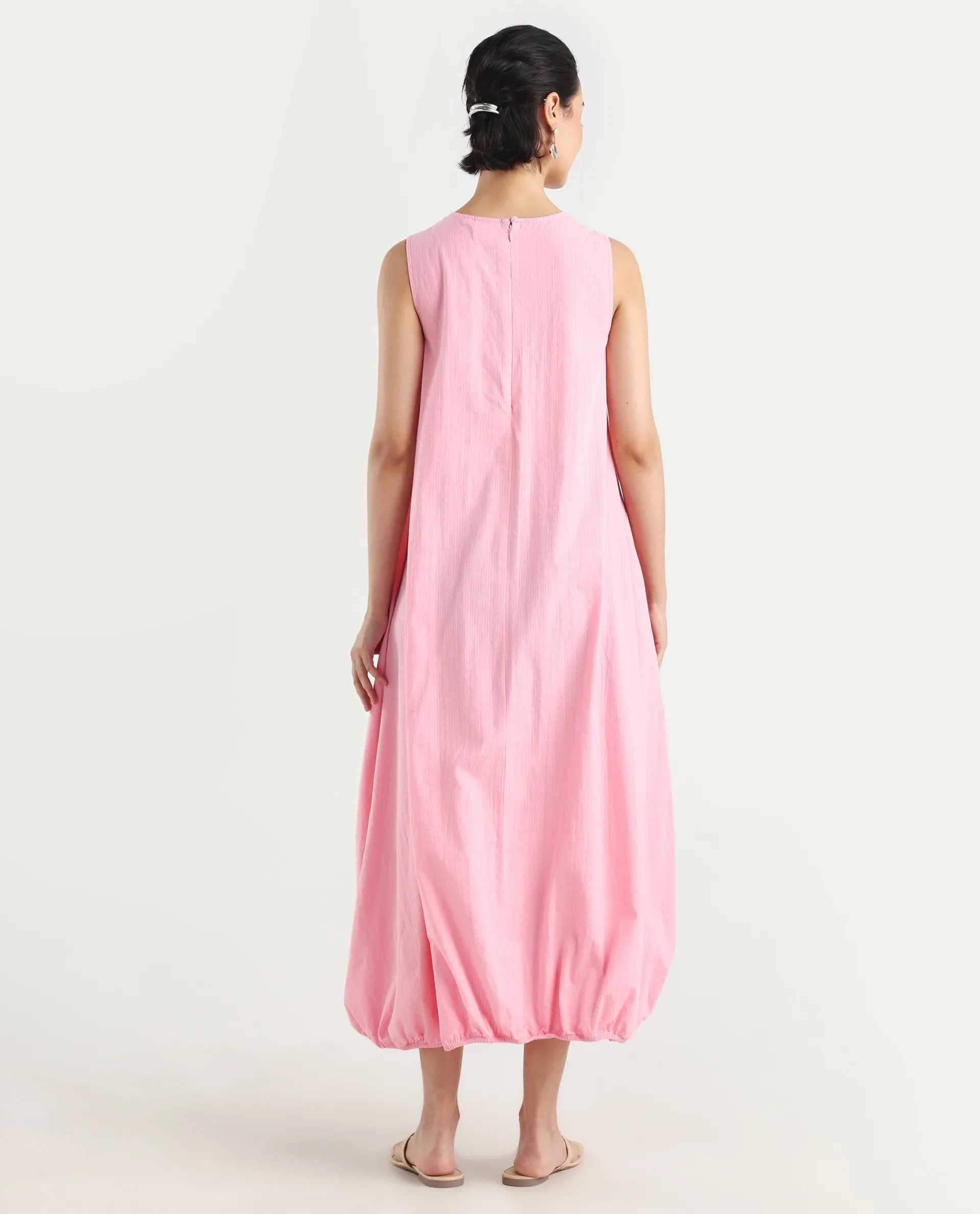Rareism Women's Zakura Dusky Pink Cotton Crew Neck Striped Sleeveless Maxi Balloon Dress - Image 8
