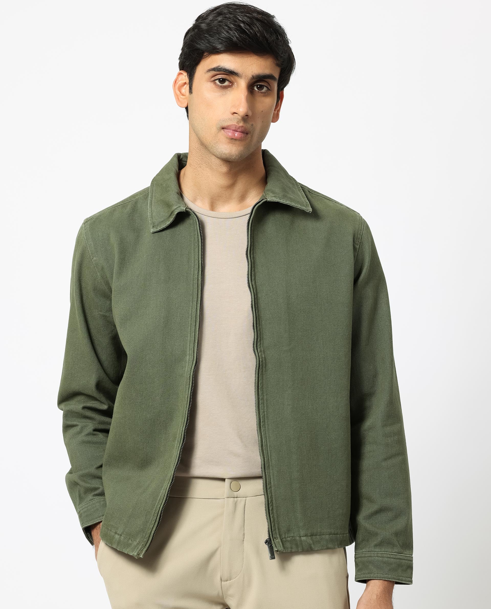 Rare Rabbit Men's Zale Dark Green Cotton Plain Relaxed Fit Full Sleeve Collared Shacket