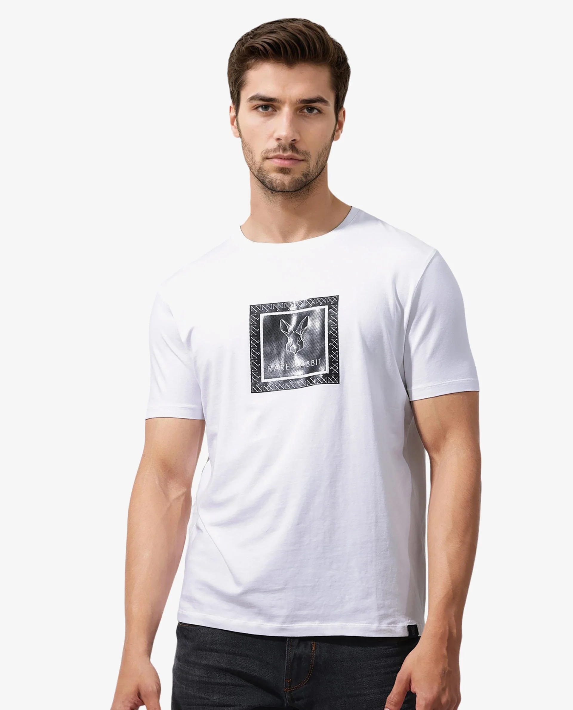 Rare Rabbit Men's Zalen White Cotton Blend Graphic Print Regular Fit Half Sleeve Crew Neck T-Shirt