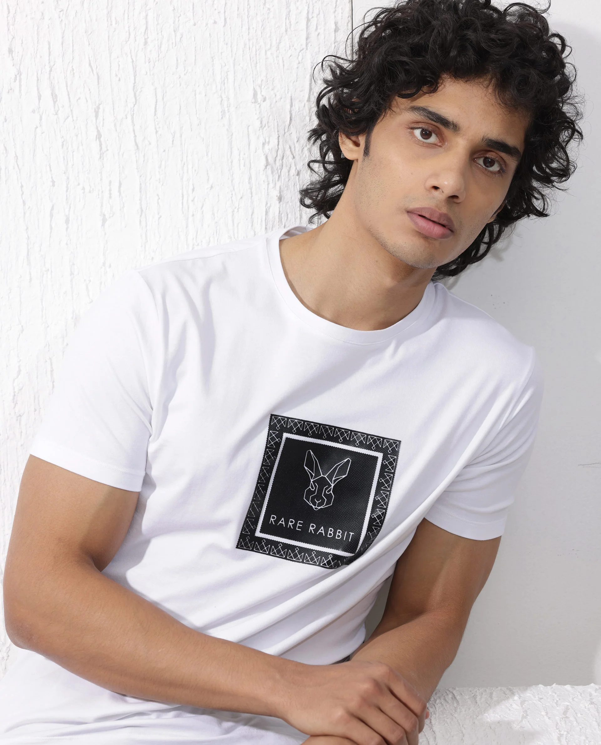 Rare Rabbit Men's Zalen White Cotton Blend Graphic Print Regular Fit Half Sleeve Crew Neck T-Shirt - Image 2