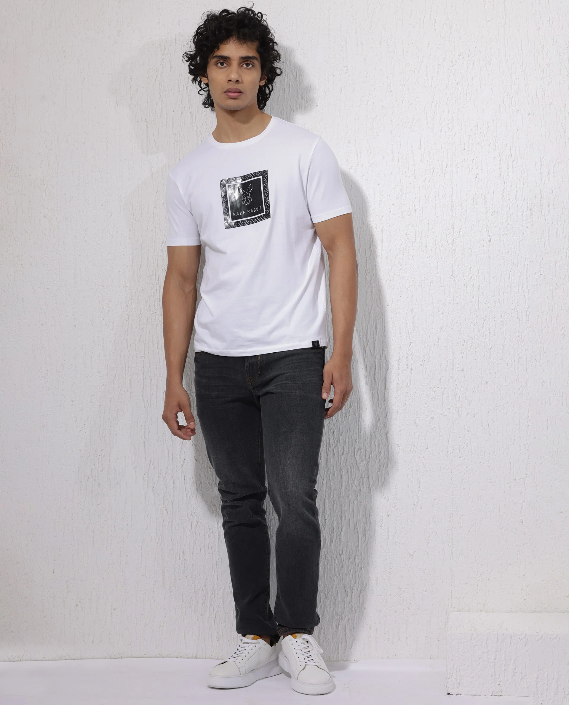 Rare Rabbit Men's Zalen White Cotton Blend Graphic Print Regular Fit Half Sleeve Crew Neck T-Shirt - Image 3
