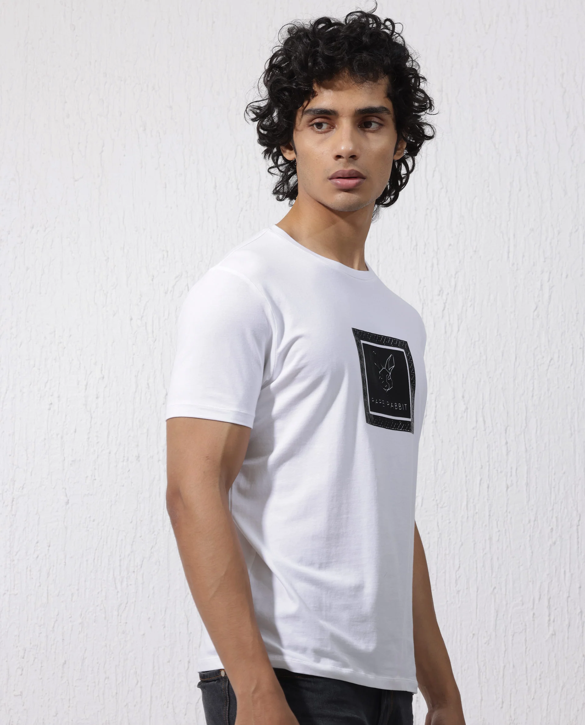 Rare Rabbit Men's Zalen White Cotton Blend Graphic Print Regular Fit Half Sleeve Crew Neck T-Shirt - Image 4