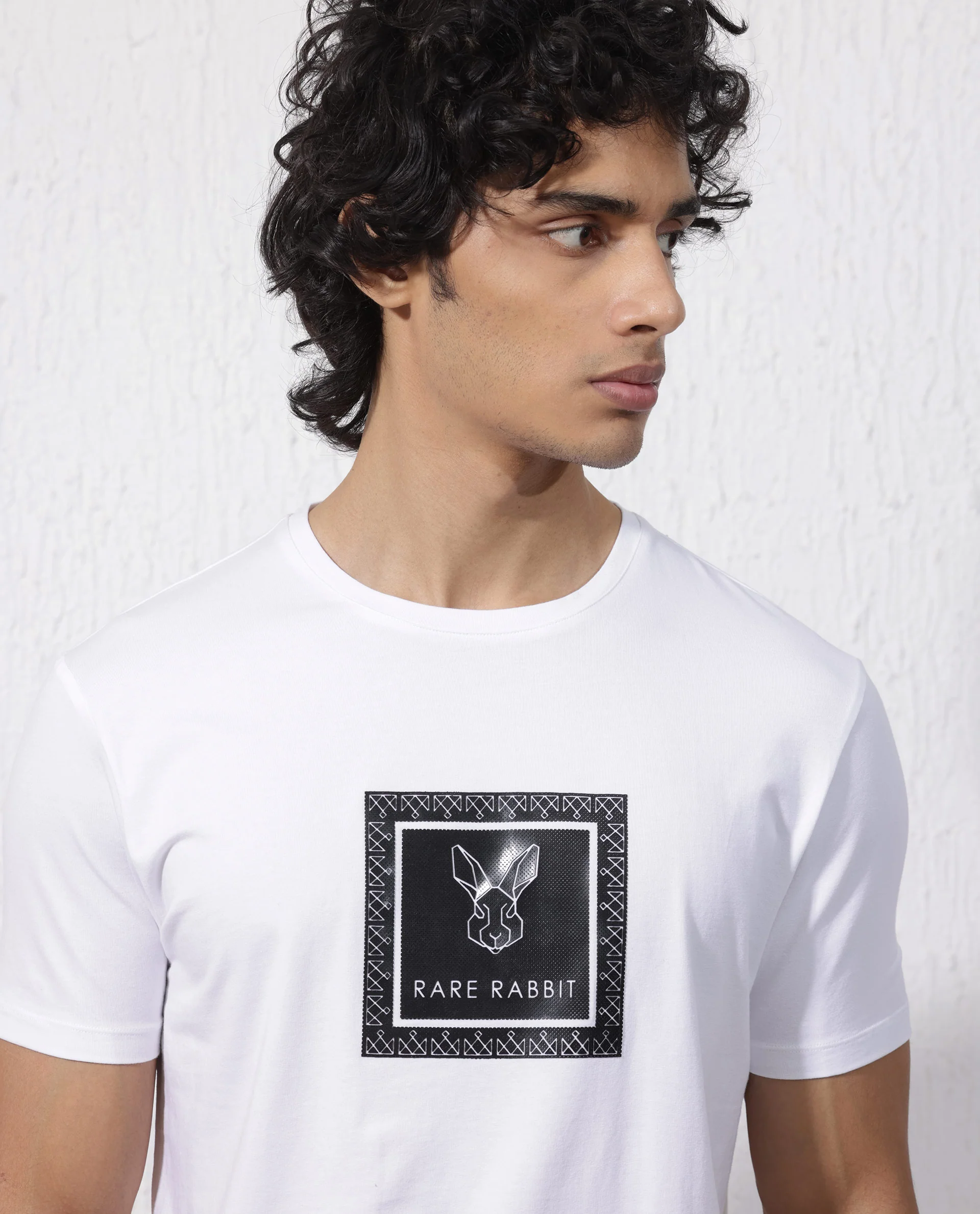 Rare Rabbit Men's Zalen White Cotton Blend Graphic Print Regular Fit Half Sleeve Crew Neck T-Shirt - Image 5