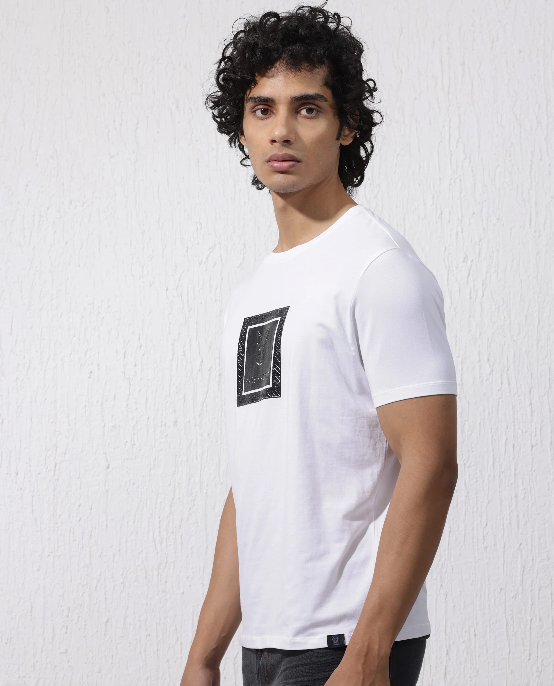 Rare Rabbit Men's Zalen White Cotton Blend Graphic Print Regular Fit Half Sleeve Crew Neck T-Shirt - Image 7