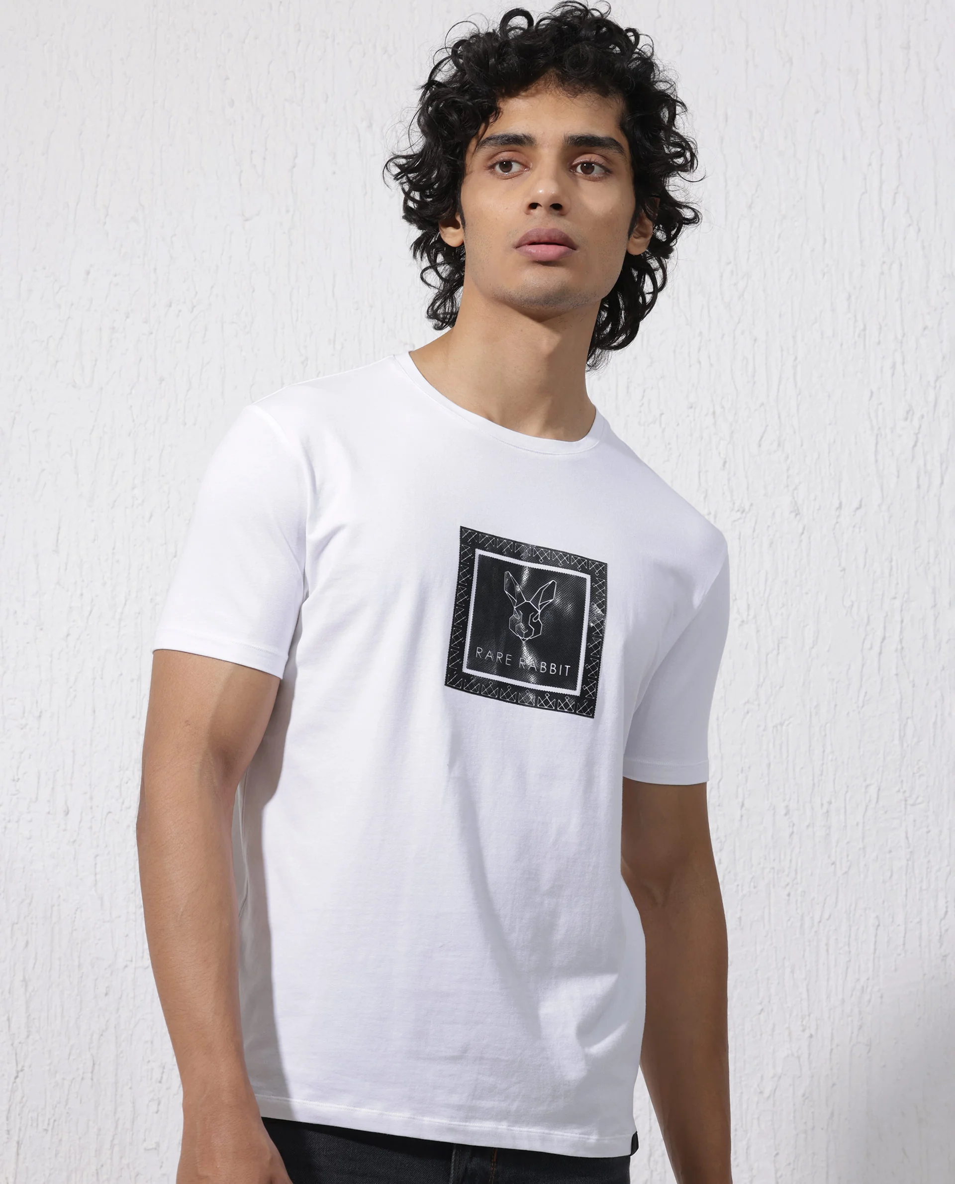 Rare Rabbit Men's Zalen White Cotton Blend Graphic Print Regular Fit Half Sleeve Crew Neck T-Shirt - Image 8