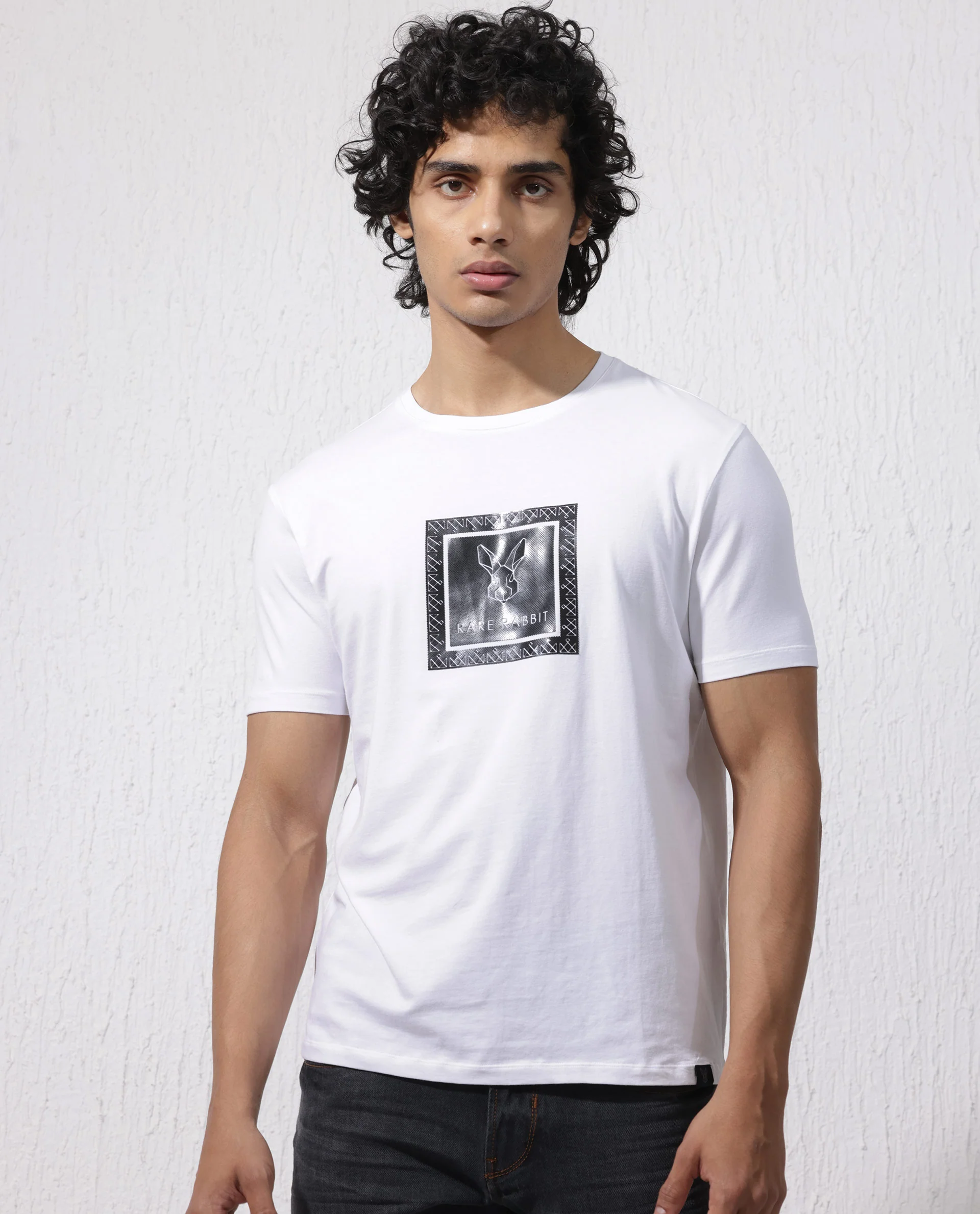 Rare Rabbit Men's Zalen White Cotton Blend Graphic Print Regular Fit Half Sleeve Crew Neck T-Shirt - Image 9
