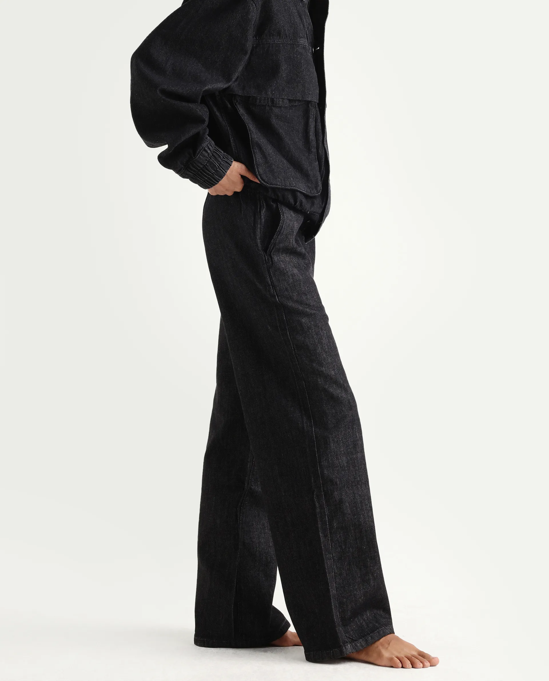 Rareism Women's Zalina Black Cotton Blend Plain Ankle Length Lounge Jeans - Image 2