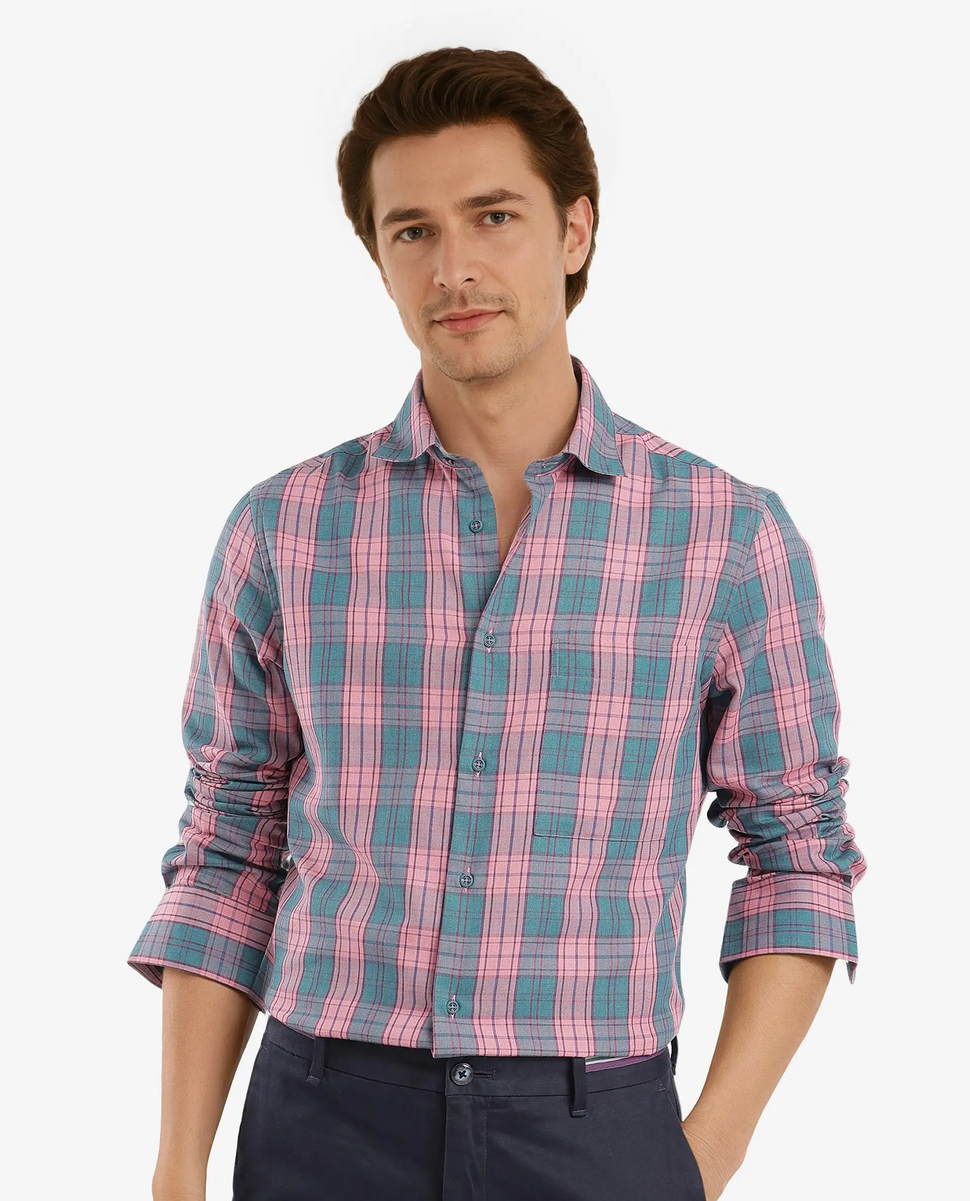 Rare Rabbit Men's Zamb Dark Turq Cotton Checked Print Oversized Fit Full Sleeve Collared Shirt - Image 2
