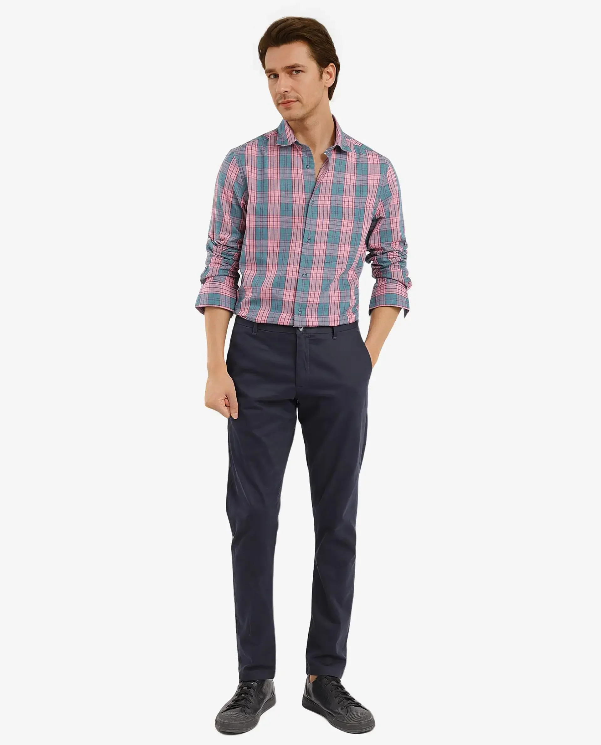 Rare Rabbit Men's Zamb Dark Turq Cotton Checked Print Oversized Fit Full Sleeve Collared Shirt - Image 4