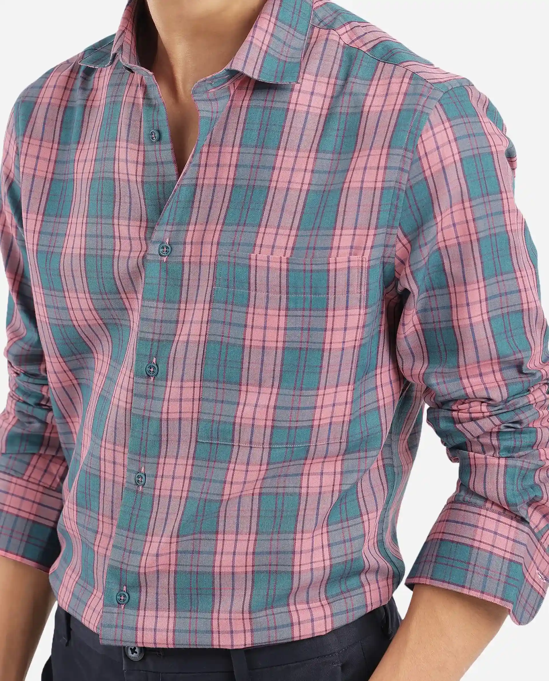 Rare Rabbit Men's Zamb Dark Turq Cotton Checked Print Oversized Fit Full Sleeve Collared Shirt - Image 5