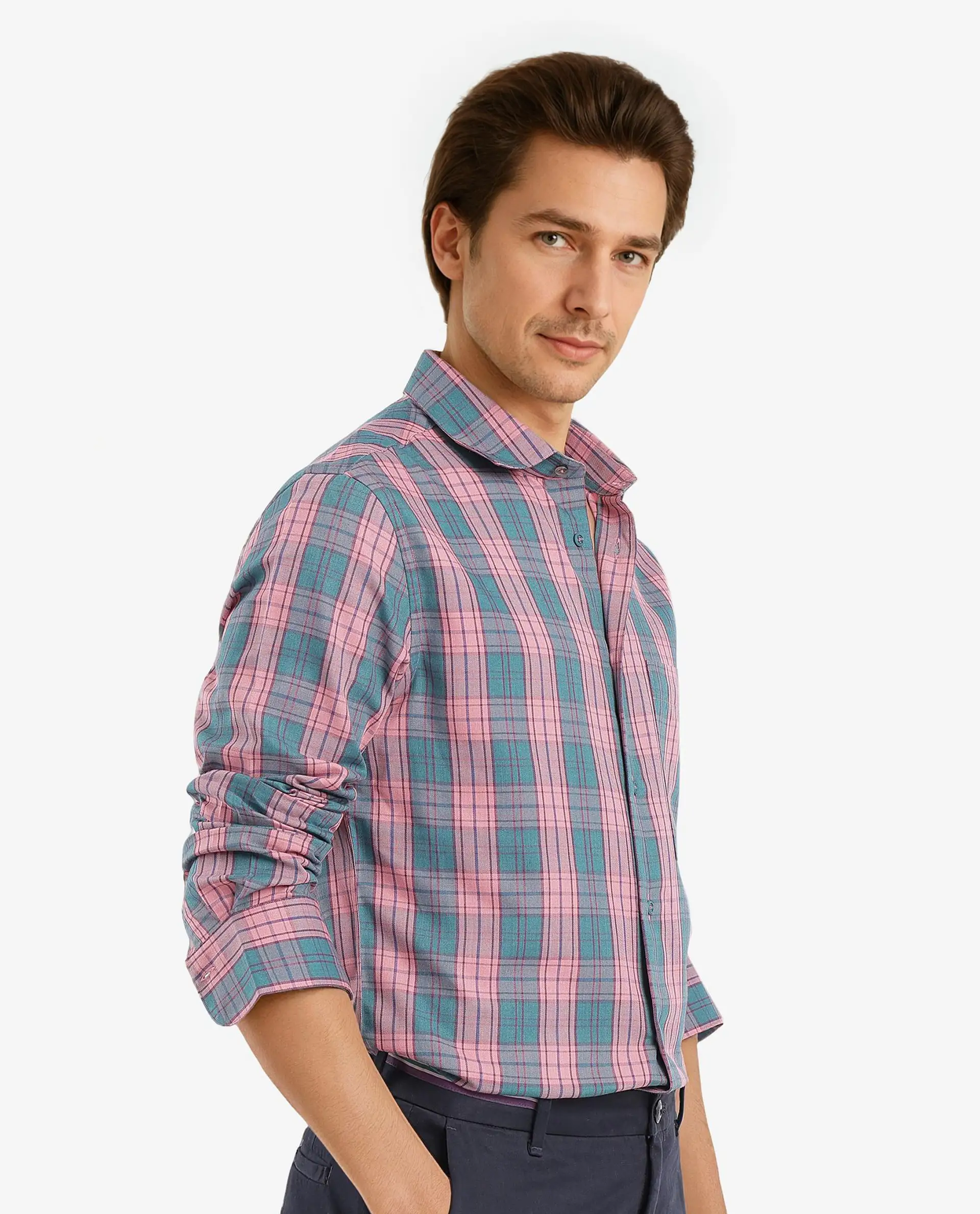 Rare Rabbit Men's Zamb Dark Turq Cotton Checked Print Oversized Fit Full Sleeve Collared Shirt - Image 7