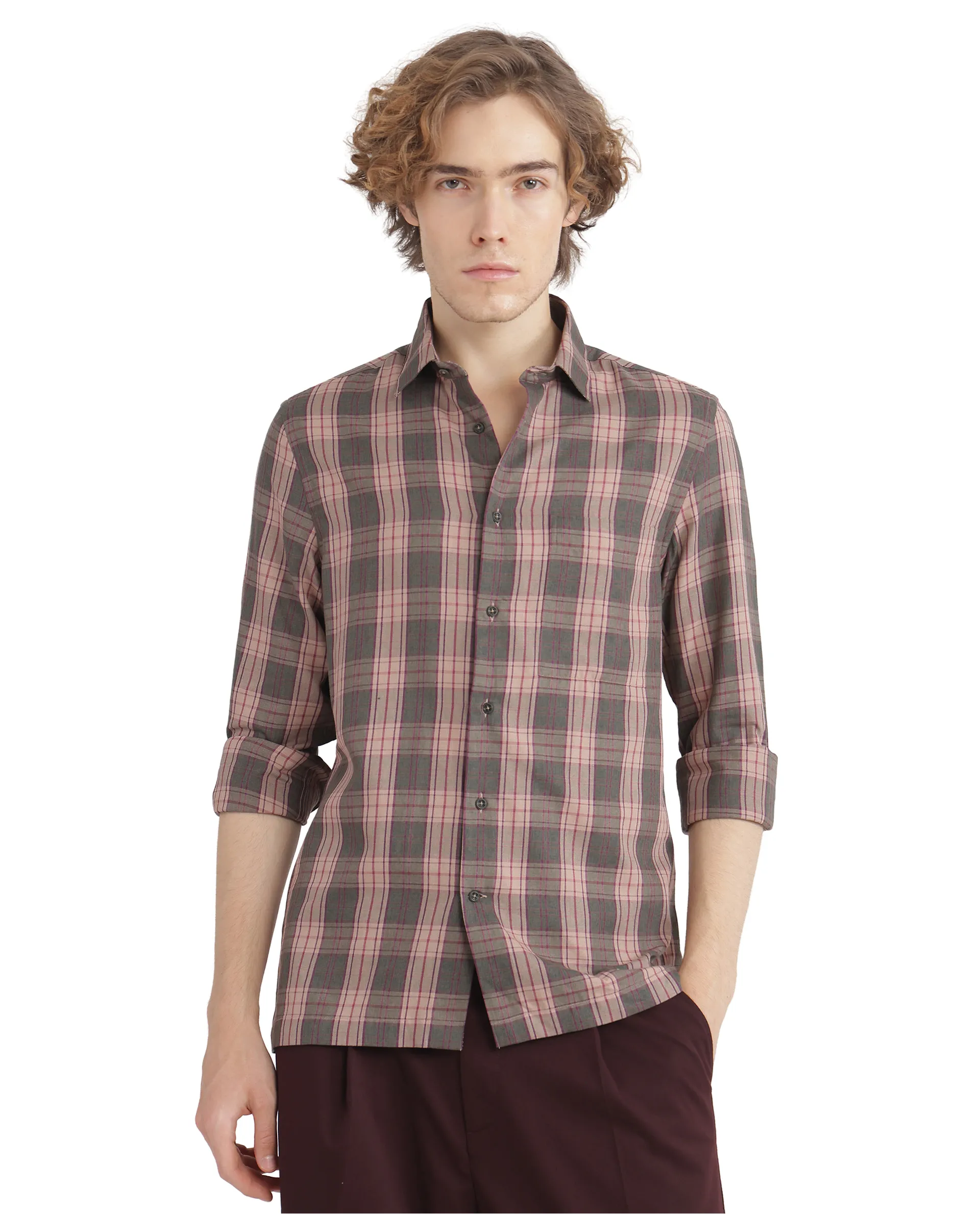 Rare Rabbit Men's Zamb Olive Cotton Checked Print Oversized Fit Full Sleeve Collared Shirt - Image 2