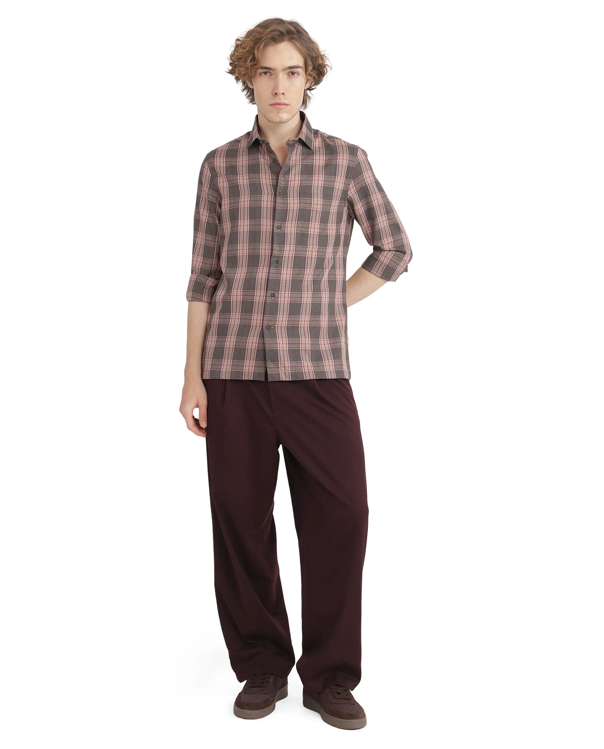 Rare Rabbit Men's Zamb Olive Cotton Checked Print Oversized Fit Full Sleeve Collared Shirt - Image 3