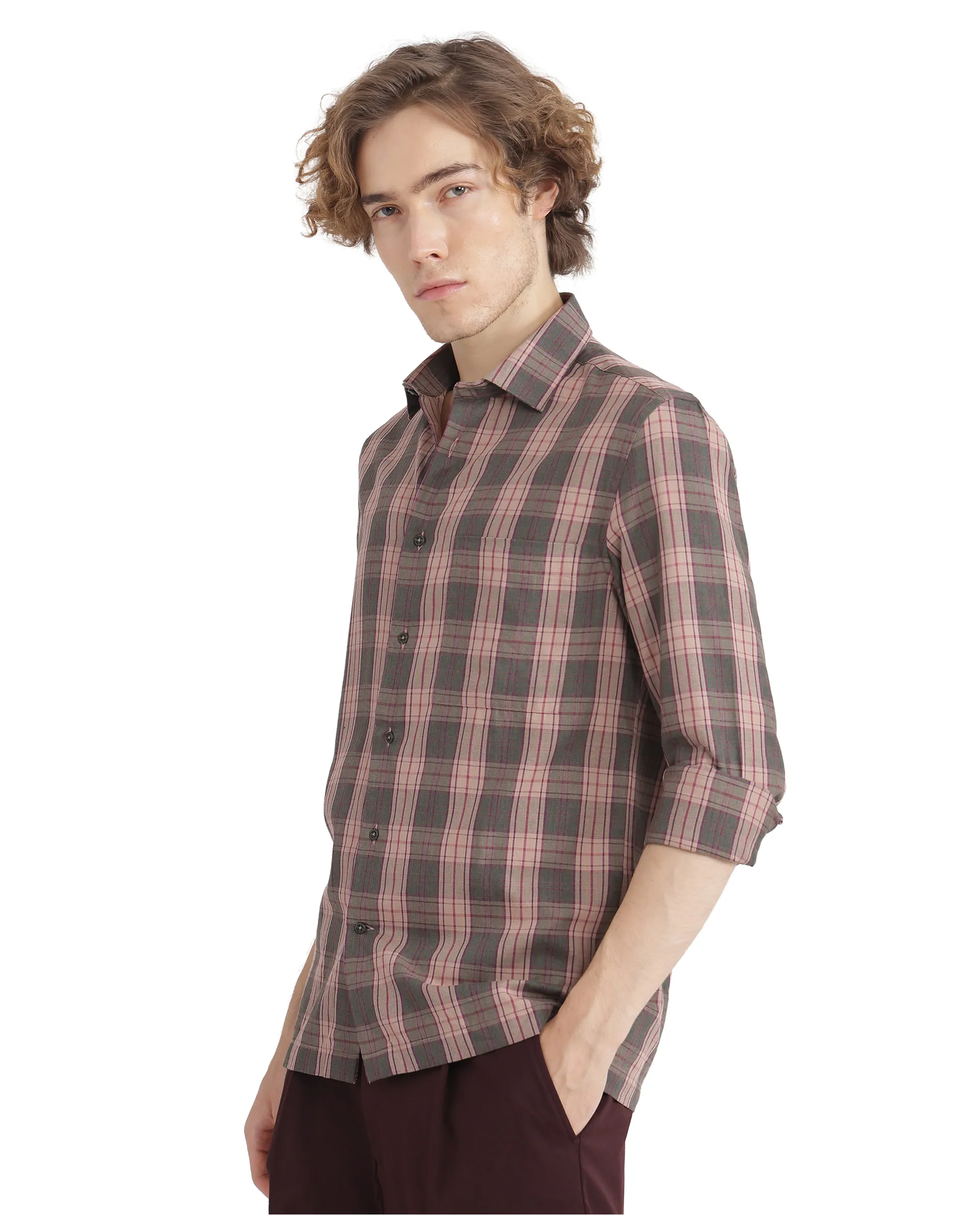 Rare Rabbit Men's Zamb Olive Cotton Checked Print Oversized Fit Full Sleeve Collared Shirt - Image 6