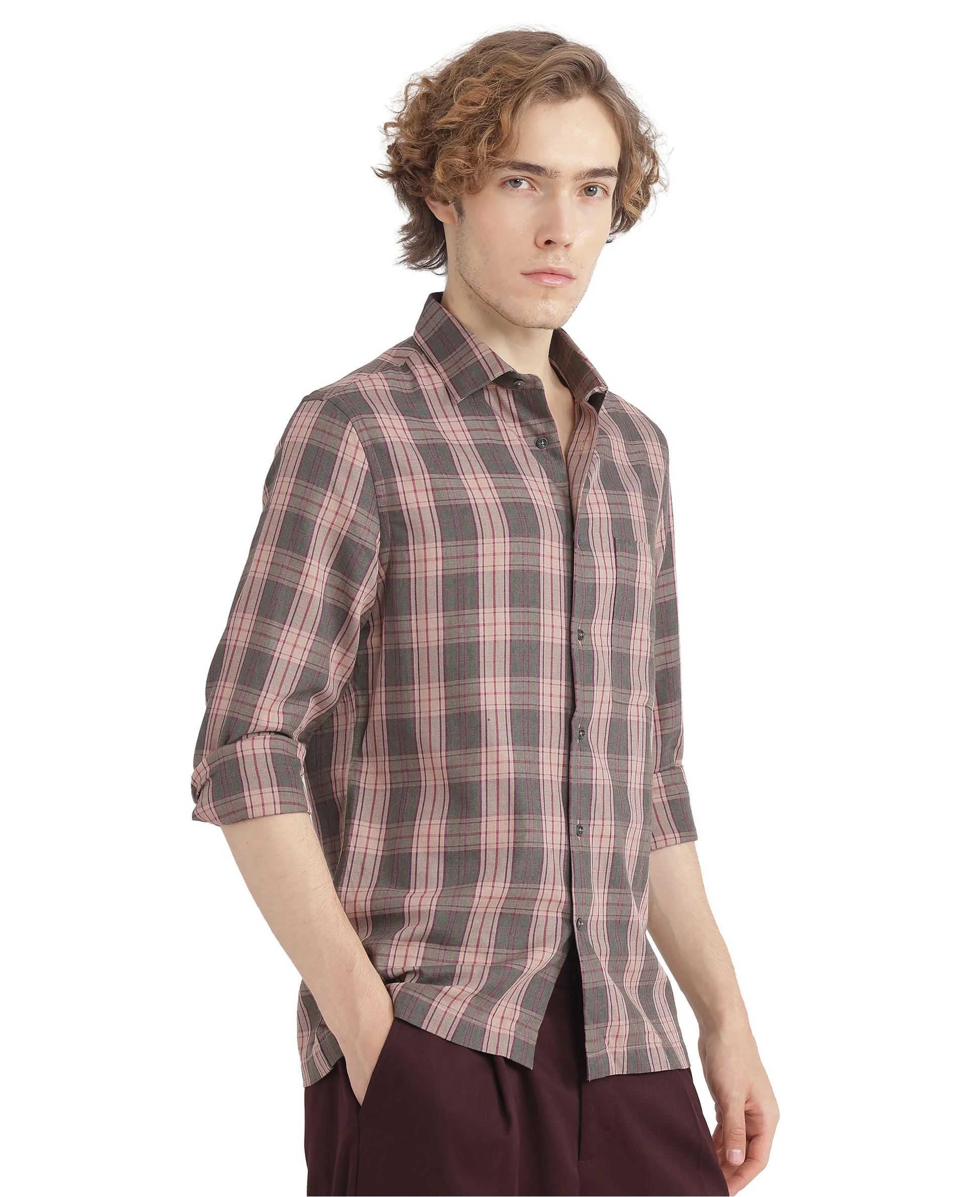 Rare Rabbit Men's Zamb Olive Cotton Checked Print Oversized Fit Full Sleeve Collared Shirt - Image 7