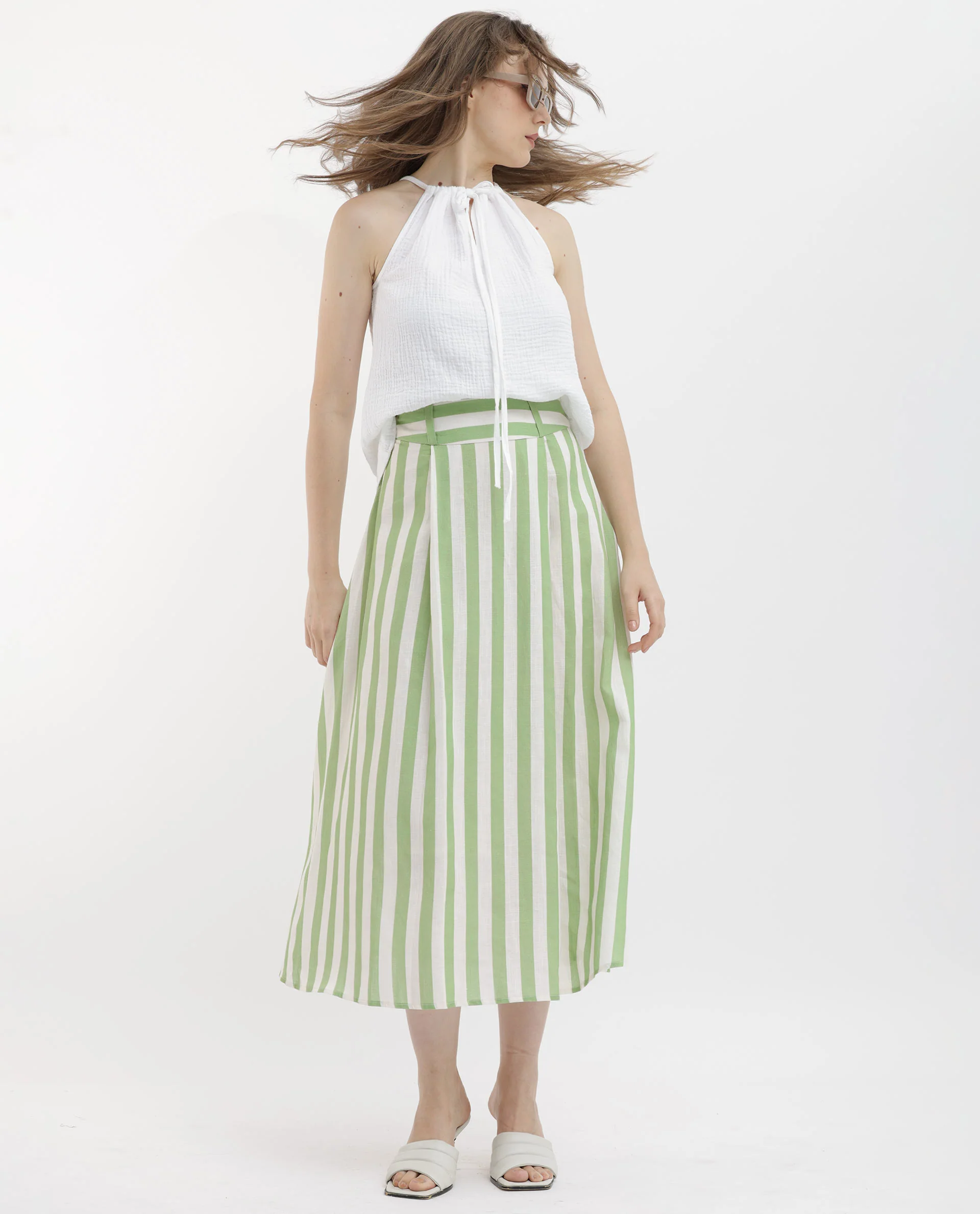 Rareism Women's Zame-B Off White Linen Striped Midi A-Line Skirt - Image 2