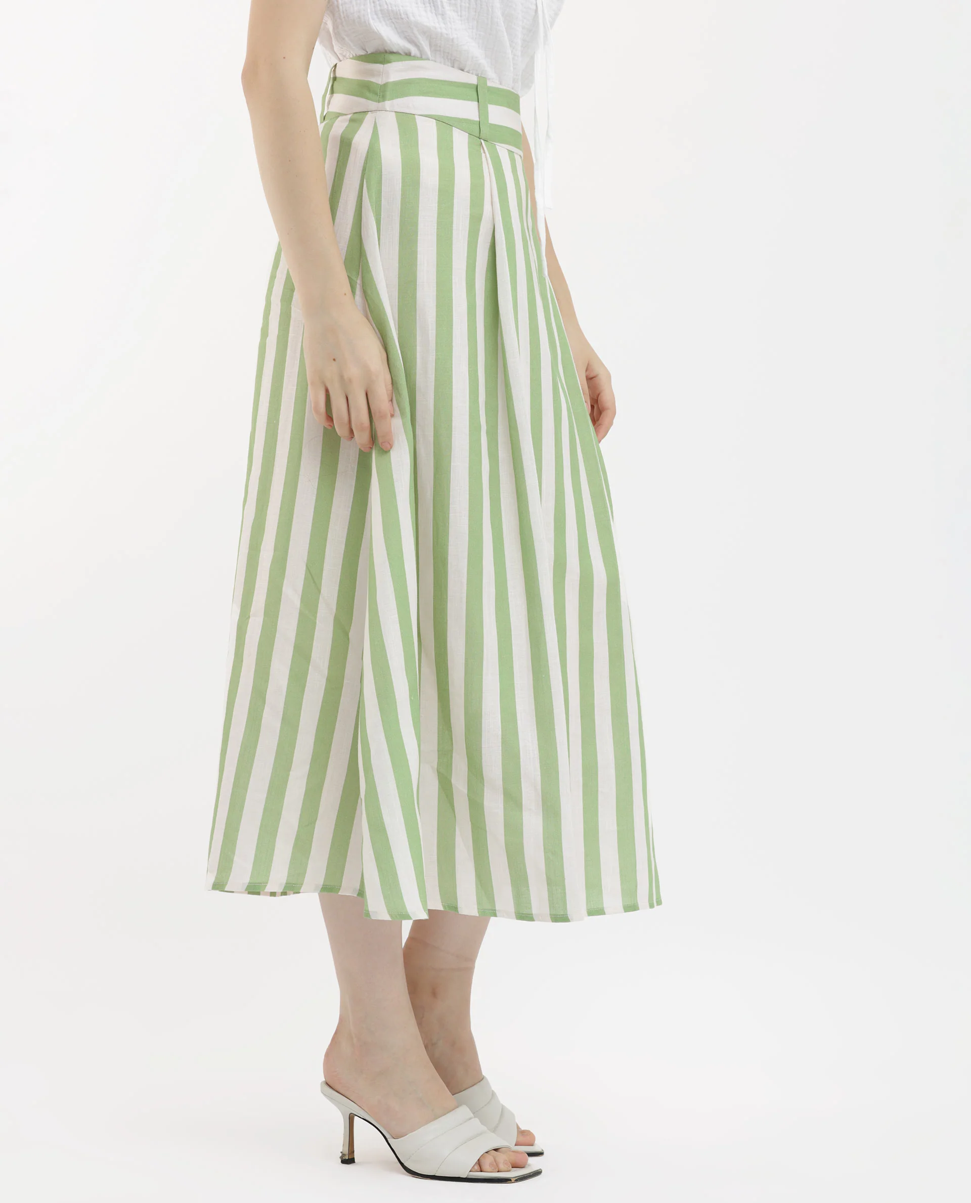 Rareism Women's Zame-B Off White Linen Striped Midi A-Line Skirt - Image 6