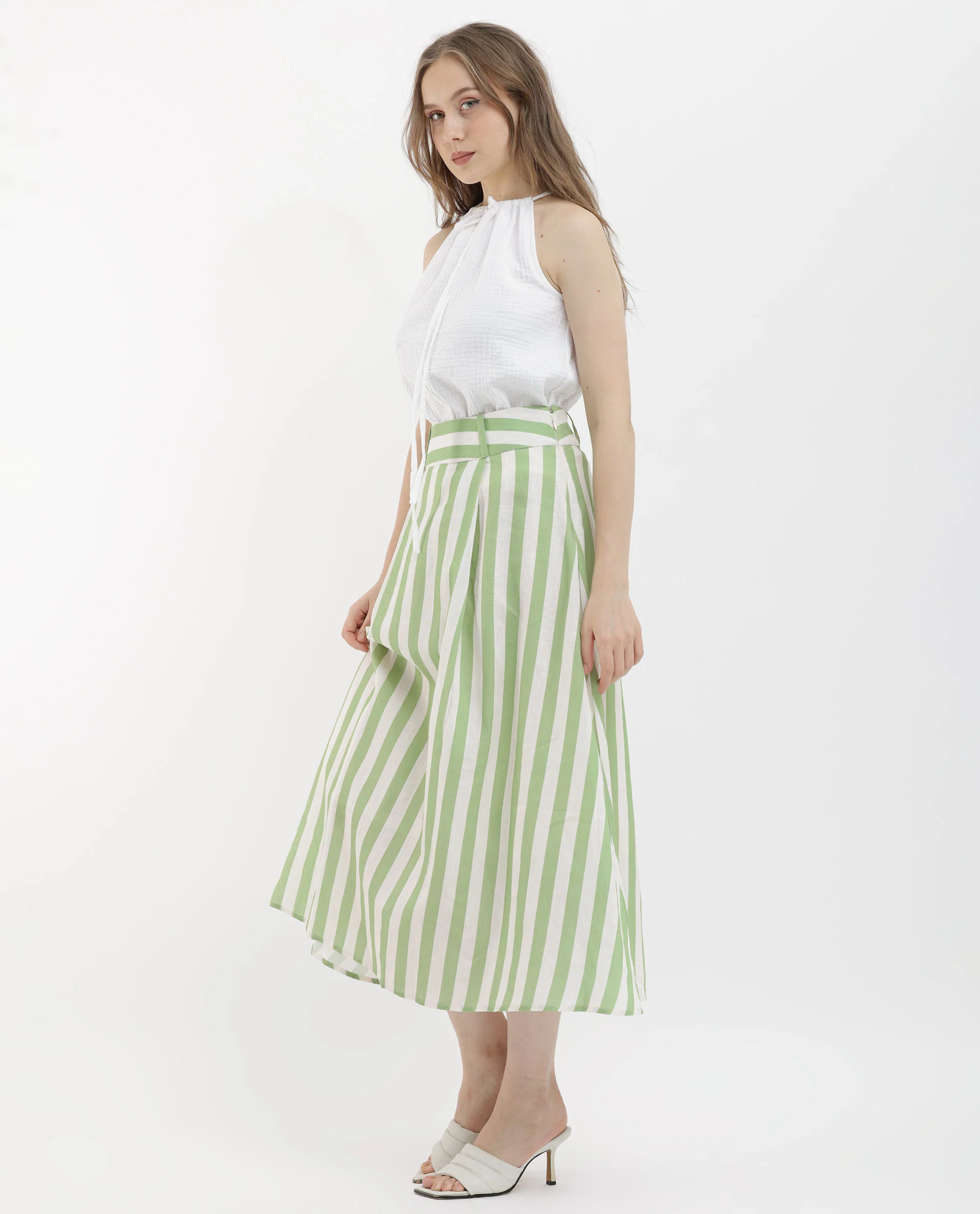 Rareism Women's Zame-B Off White Linen Striped Midi A-Line Skirt - Image 7