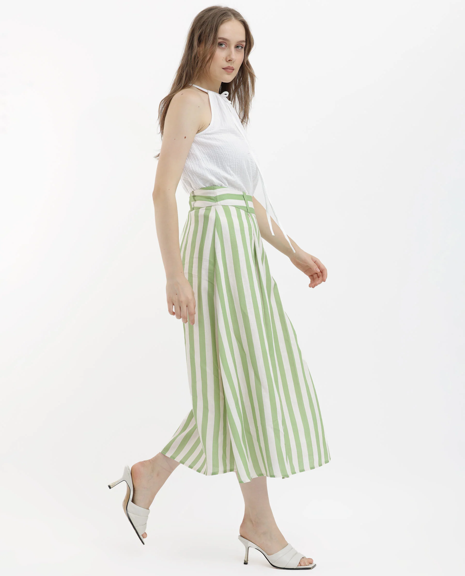 Rareism Women's Zame-B Off White Linen Striped Midi A-Line Skirt - Image 8