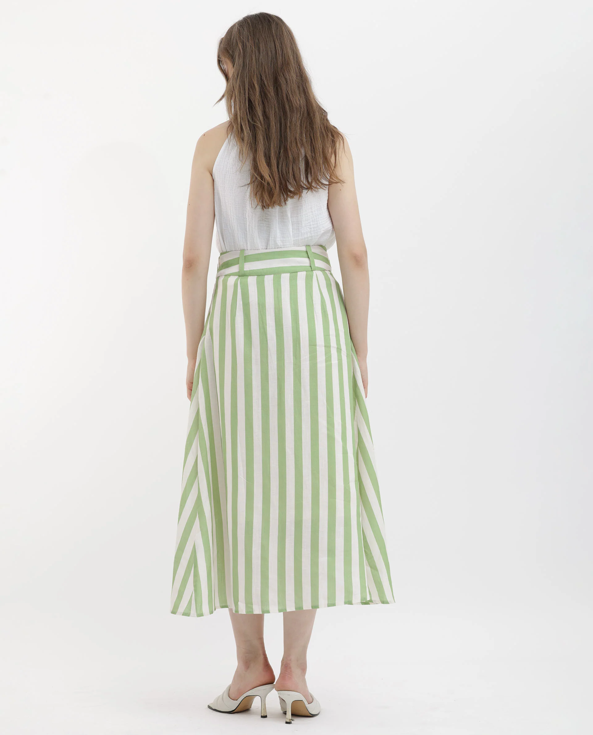 Rareism Women's Zame-B Off White Linen Striped Midi A-Line Skirt - Image 9