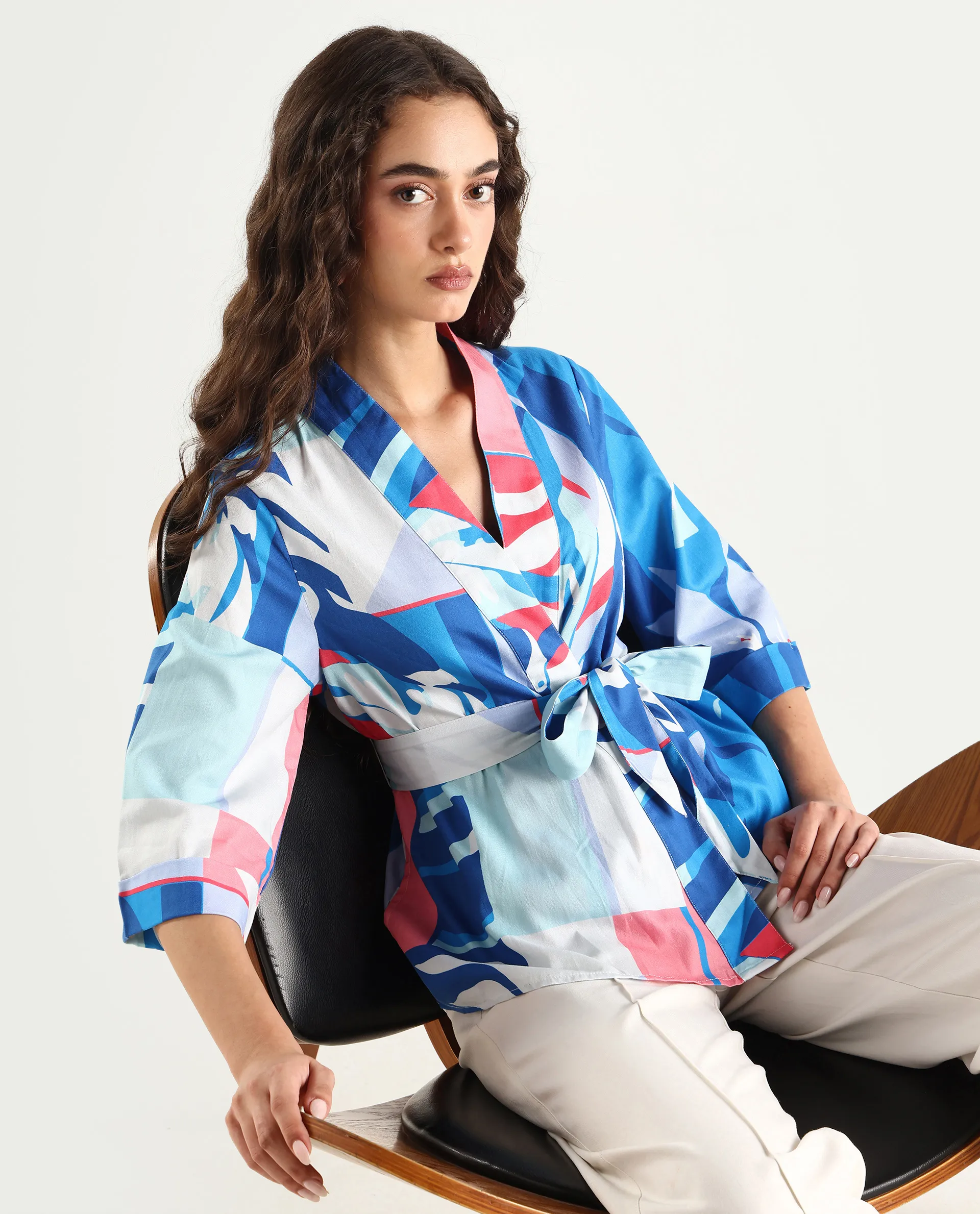 Rareism Women's Zamo Blue Cotton Blend Overlap Neck Abstract Print Regular Fit Top