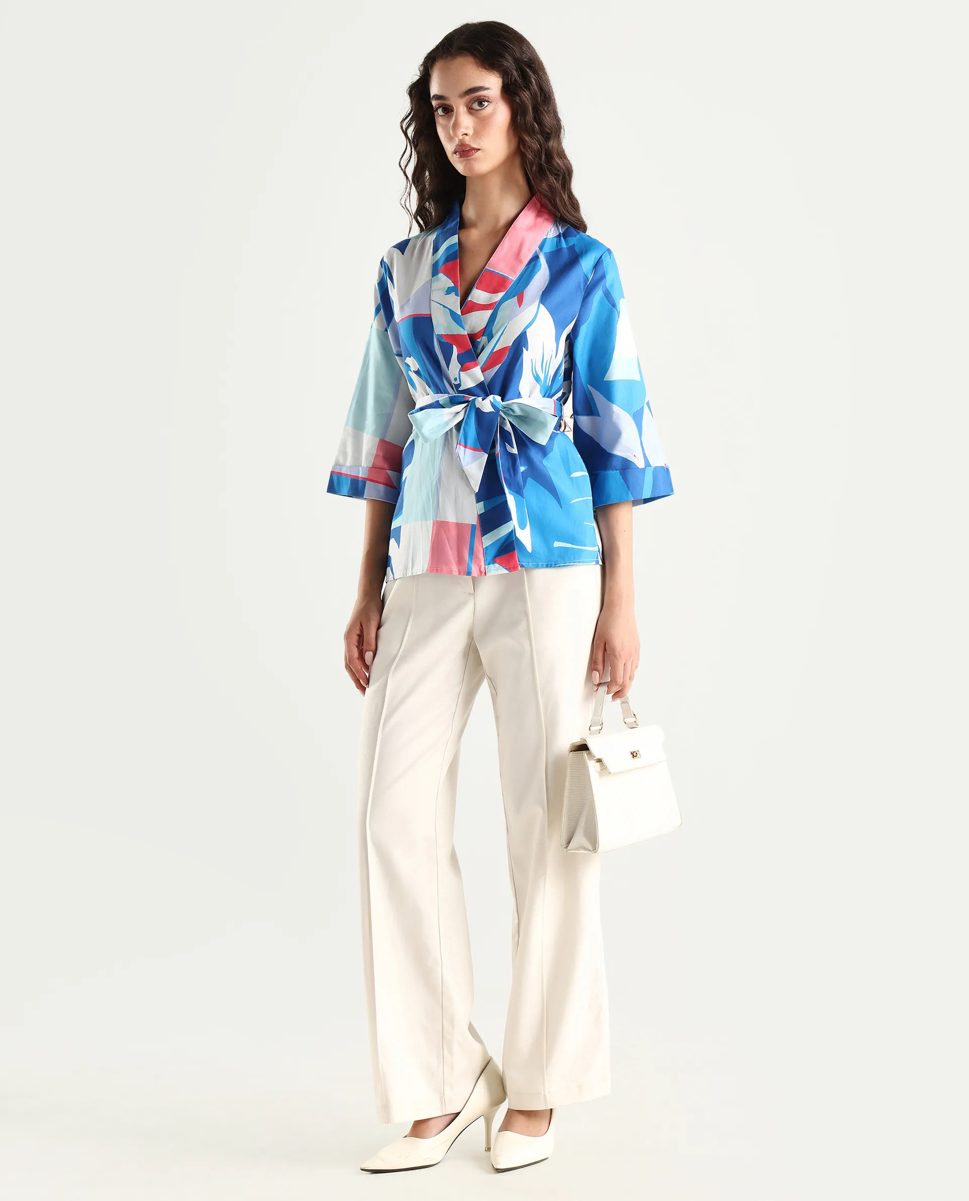 Rareism Women's Zamo Blue Cotton Blend Overlap Neck Abstract Print Regular Fit Top - Image 2