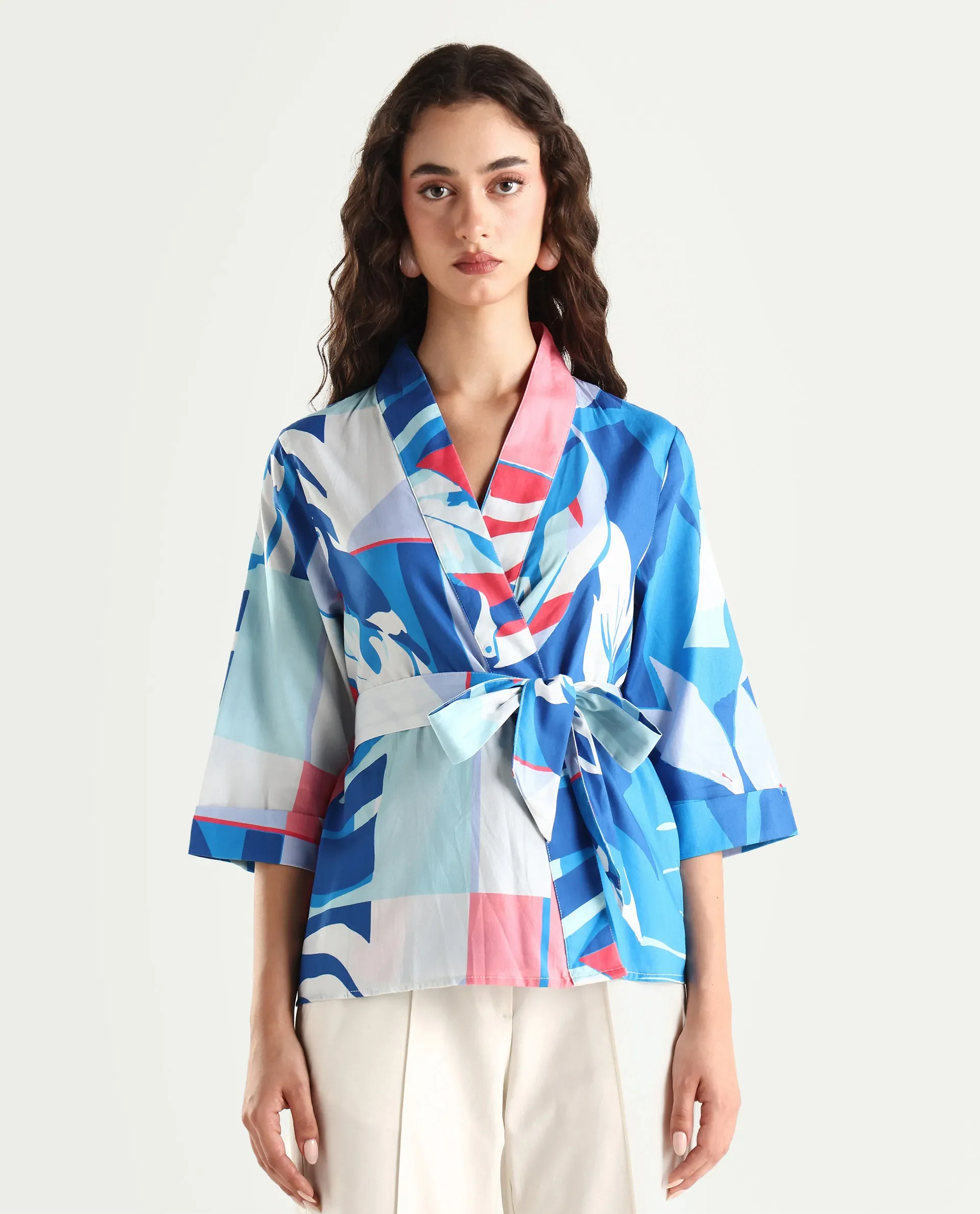Rareism Women's Zamo Blue Cotton Blend Overlap Neck Abstract Print Regular Fit Top - Image 3