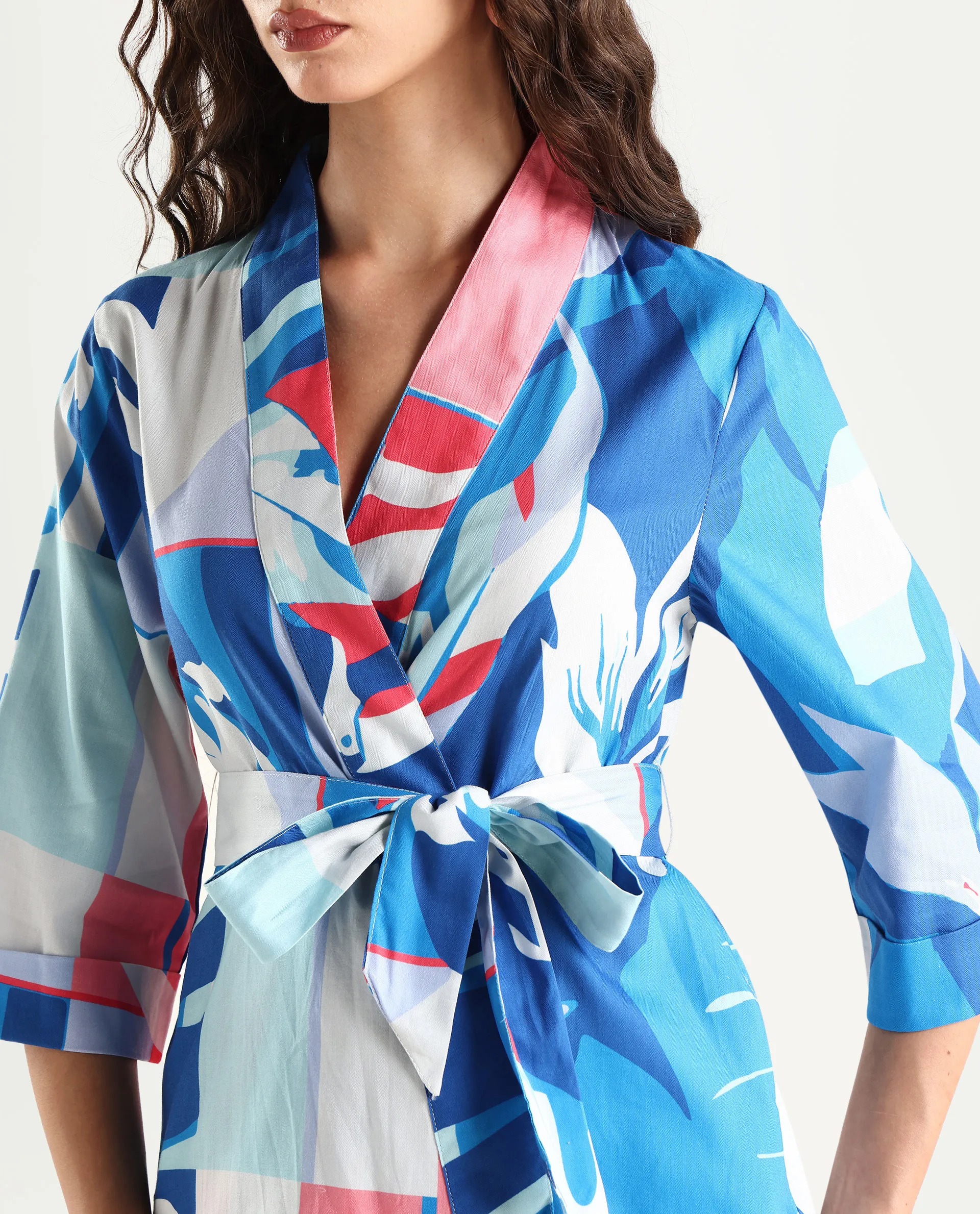 Rareism Women's Zamo Blue Cotton Blend Overlap Neck Abstract Print Regular Fit Top - Image 5