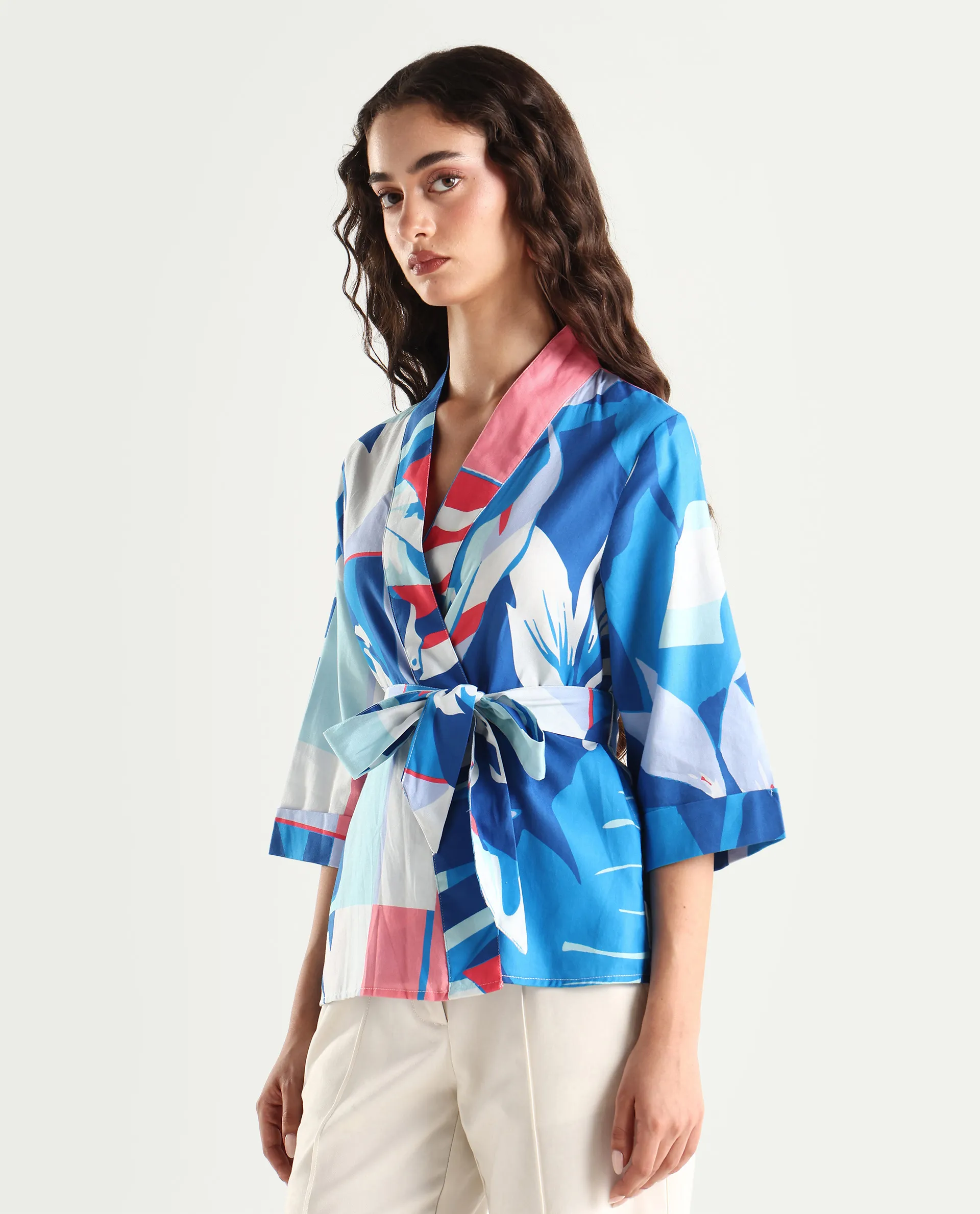 Rareism Women's Zamo Blue Cotton Blend Overlap Neck Abstract Print Regular Fit Top - Image 6