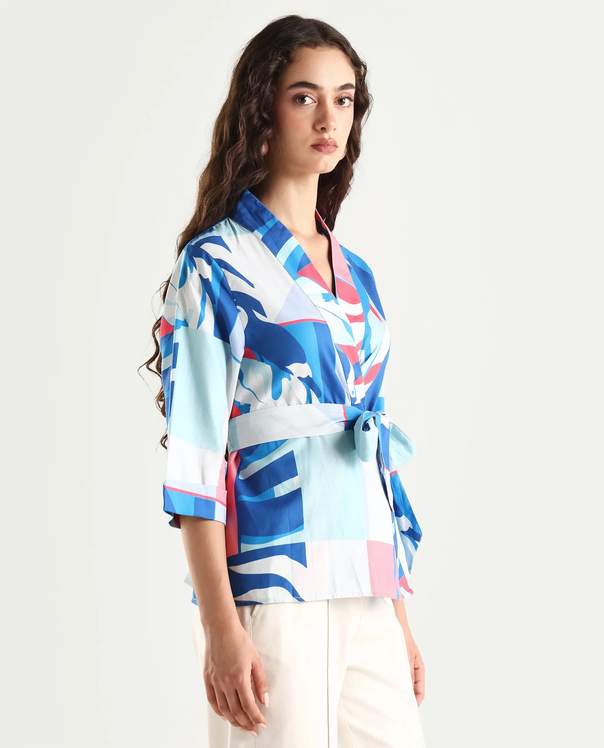 Rareism Women's Zamo Blue Cotton Blend Overlap Neck Abstract Print Regular Fit Top - Image 7