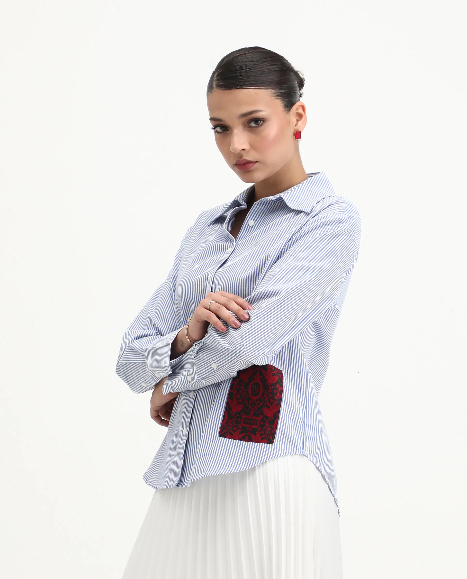 Rareism Women's Zamon Dark Blue Cotton Spread Collar Striped Cuffed Sleeve Regular Fit Shirt - Image 2