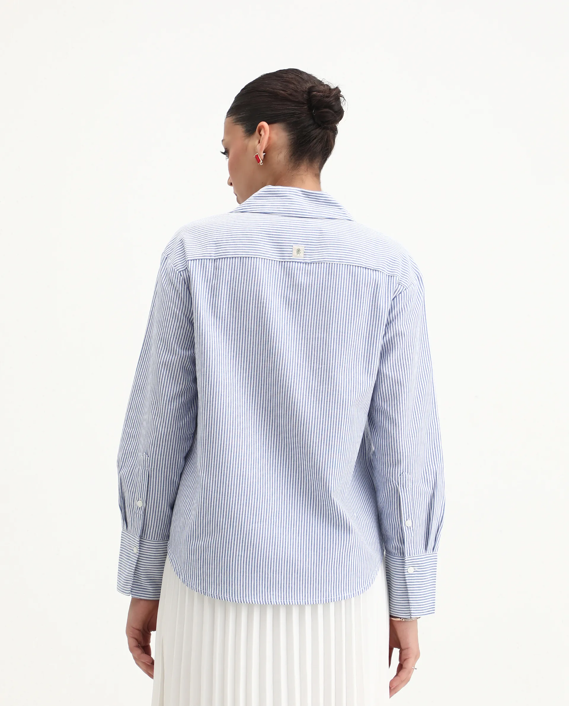 Rareism Women's Zamon Dark Blue Cotton Spread Collar Striped Cuffed Sleeve Regular Fit Shirt - Image 3