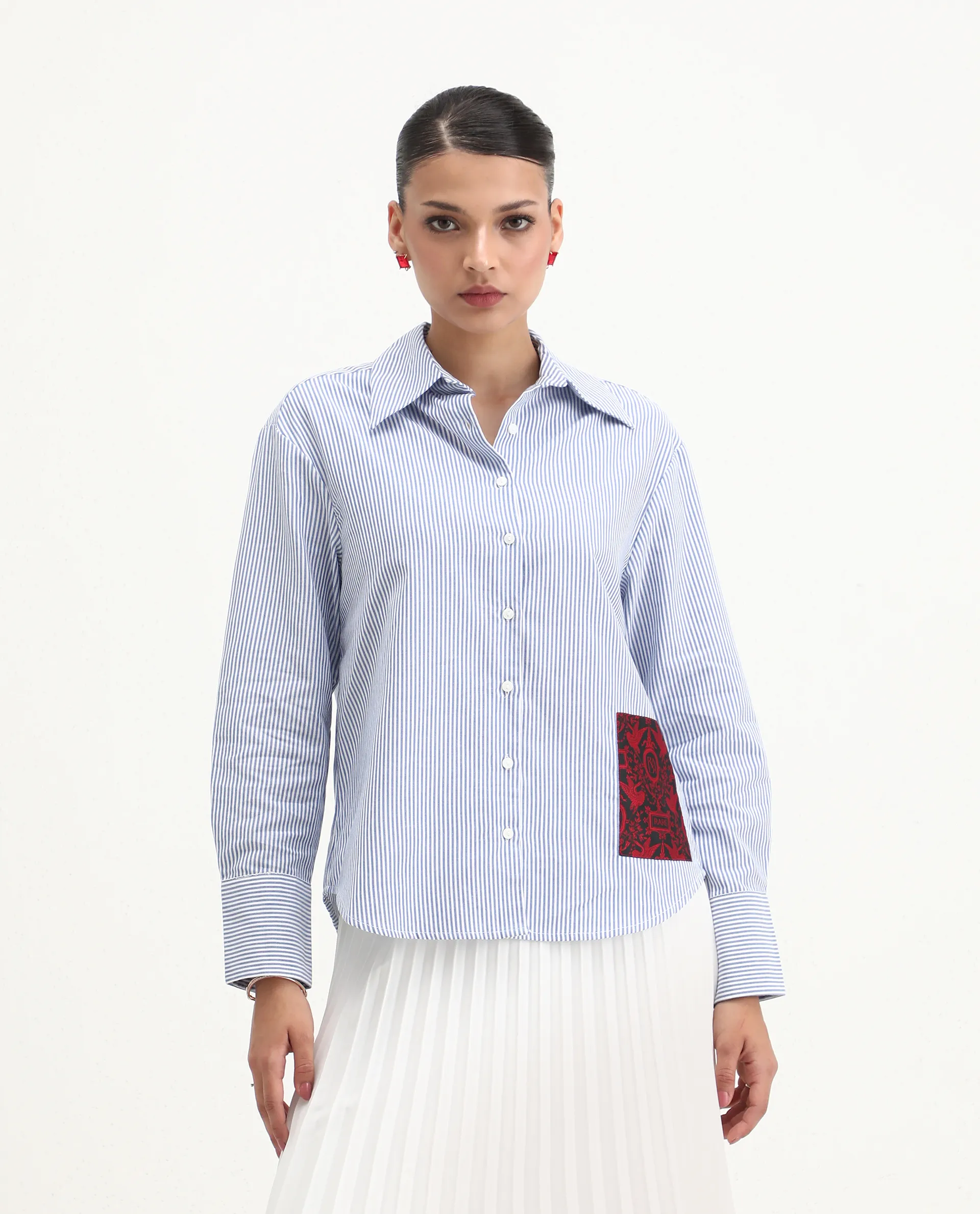 Rareism Women's Zamon Dark Blue Cotton Spread Collar Striped Cuffed Sleeve Regular Fit Shirt - Image 4