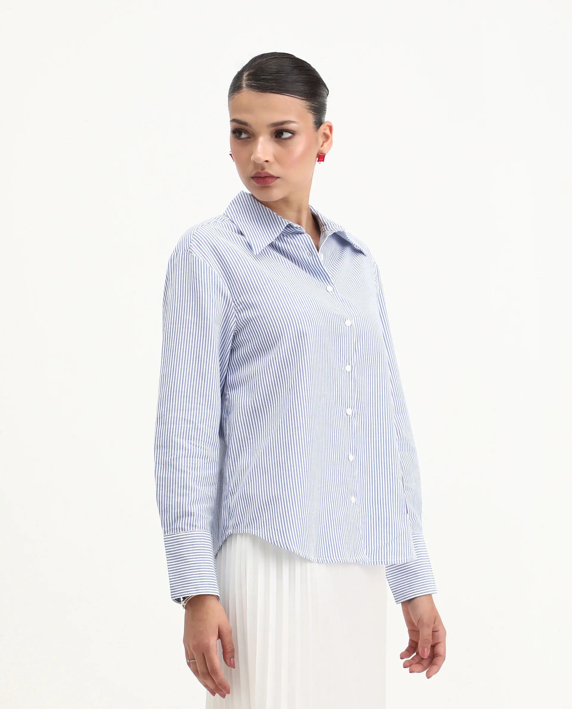 Rareism Women's Zamon Dark Blue Cotton Spread Collar Striped Cuffed Sleeve Regular Fit Shirt - Image 5