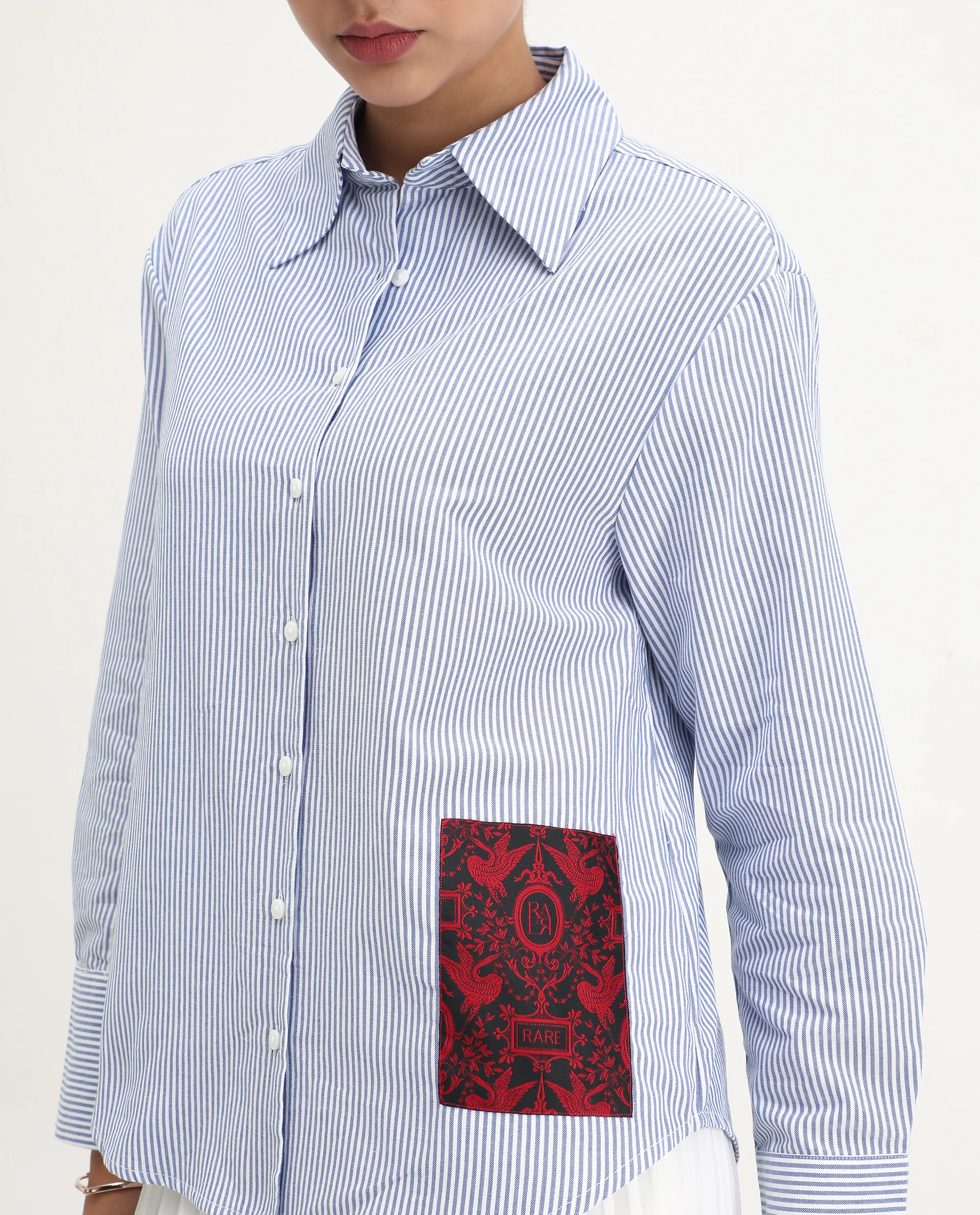 Rareism Women's Zamon Dark Blue Cotton Spread Collar Striped Cuffed Sleeve Regular Fit Shirt - Image 6