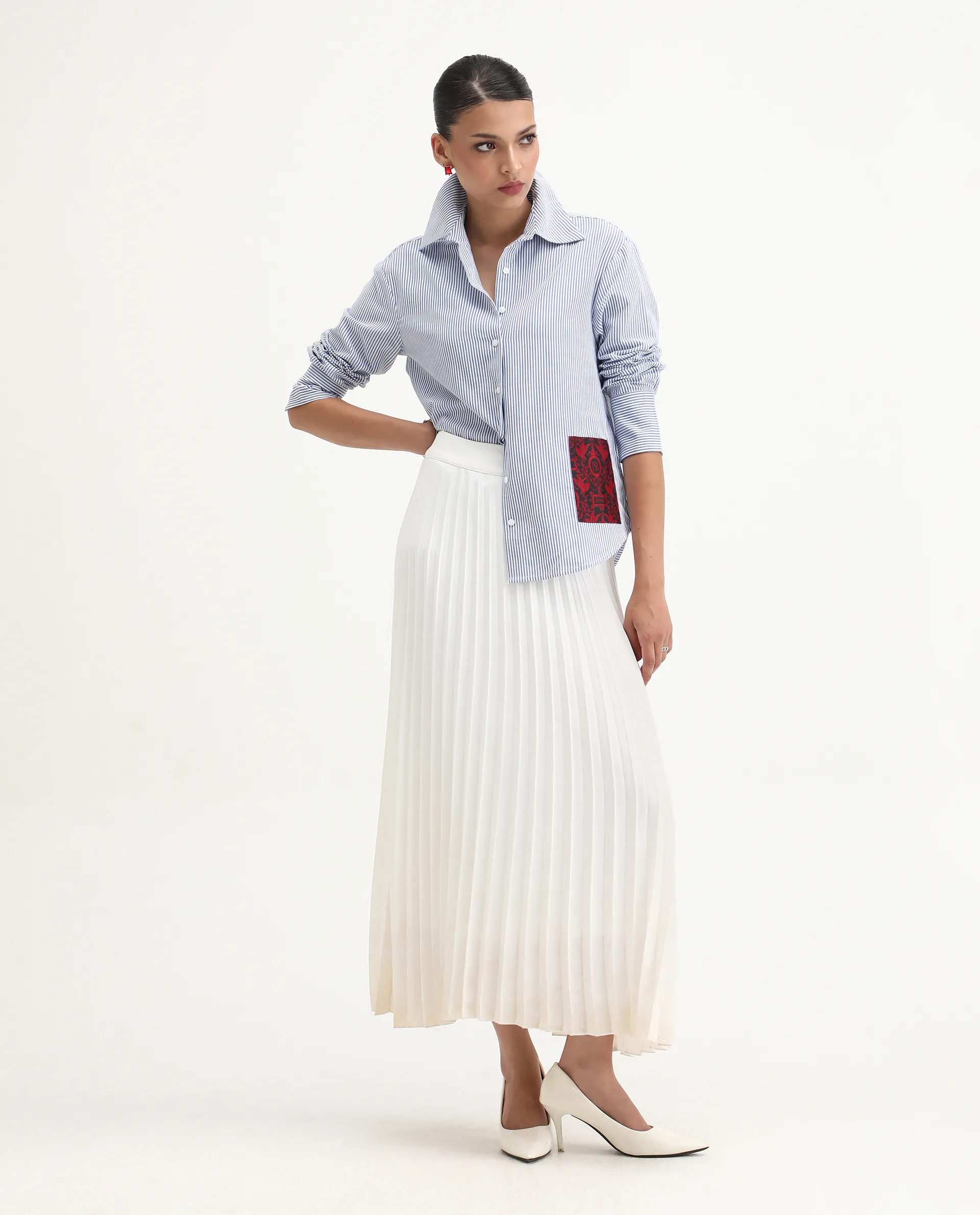 Rareism Women's Zamon Dark Blue Cotton Spread Collar Striped Cuffed Sleeve Regular Fit Shirt - Image 7