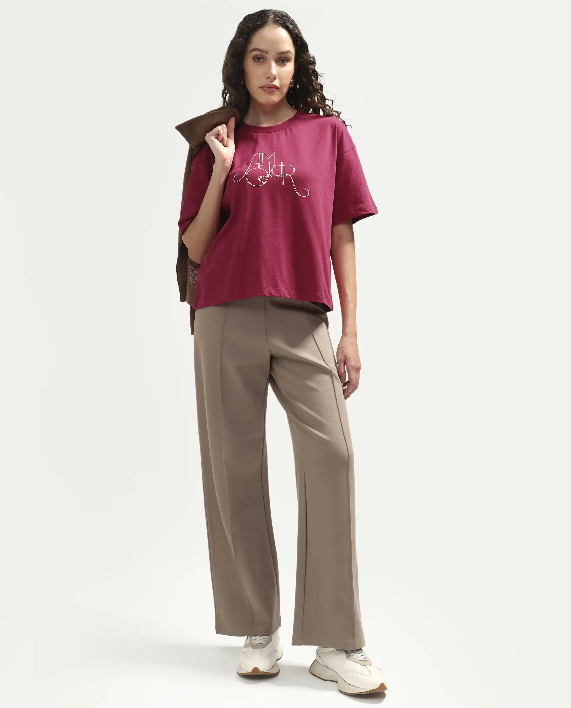 Rareism Women's Zamor Dark Pink Cotton Crew Neck Pull-On Boxy Typography Print T-Shirt - Image 2
