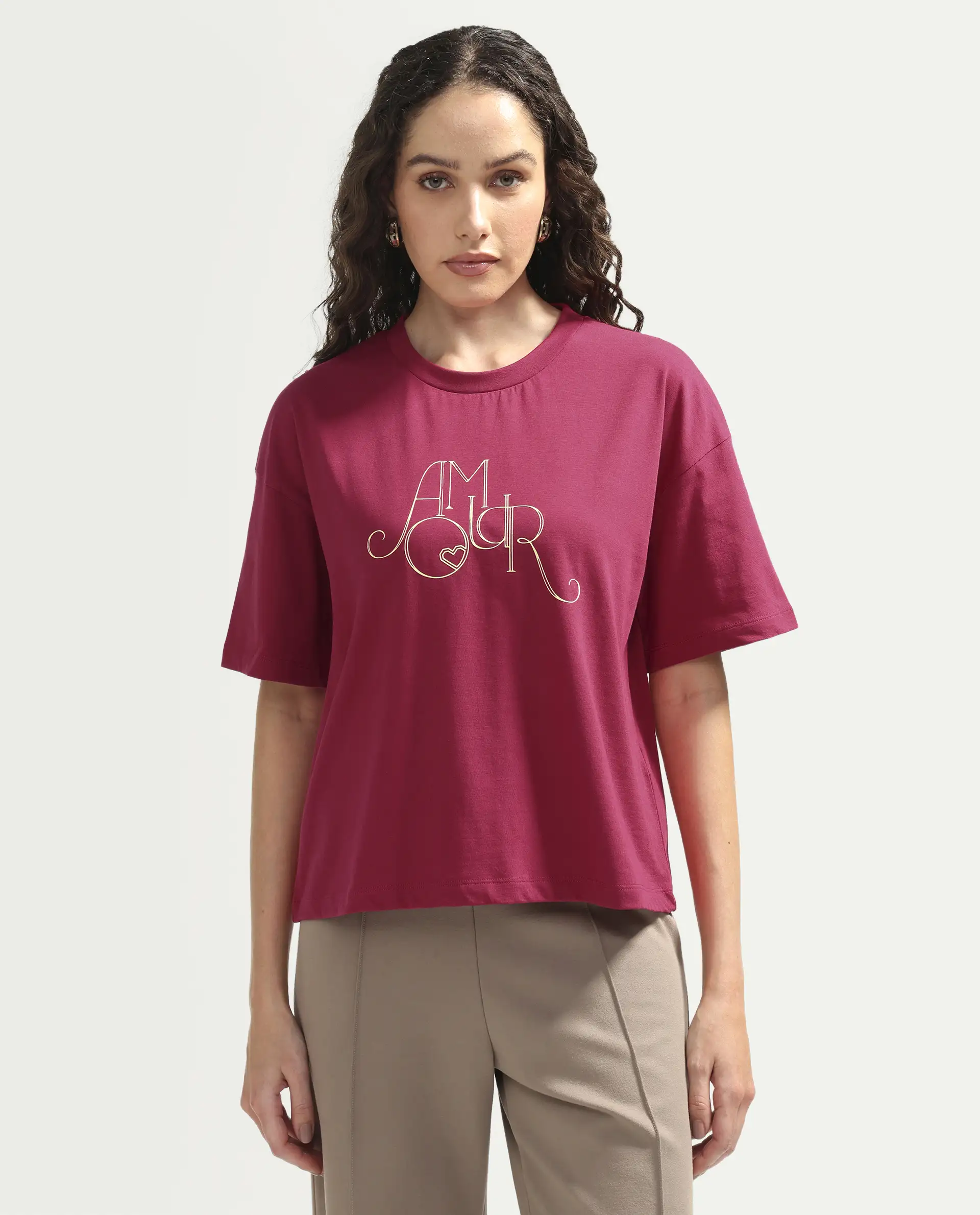 Rareism Women's Zamor Dark Pink Cotton Crew Neck Pull-On Boxy Typography Print T-Shirt - Image 3