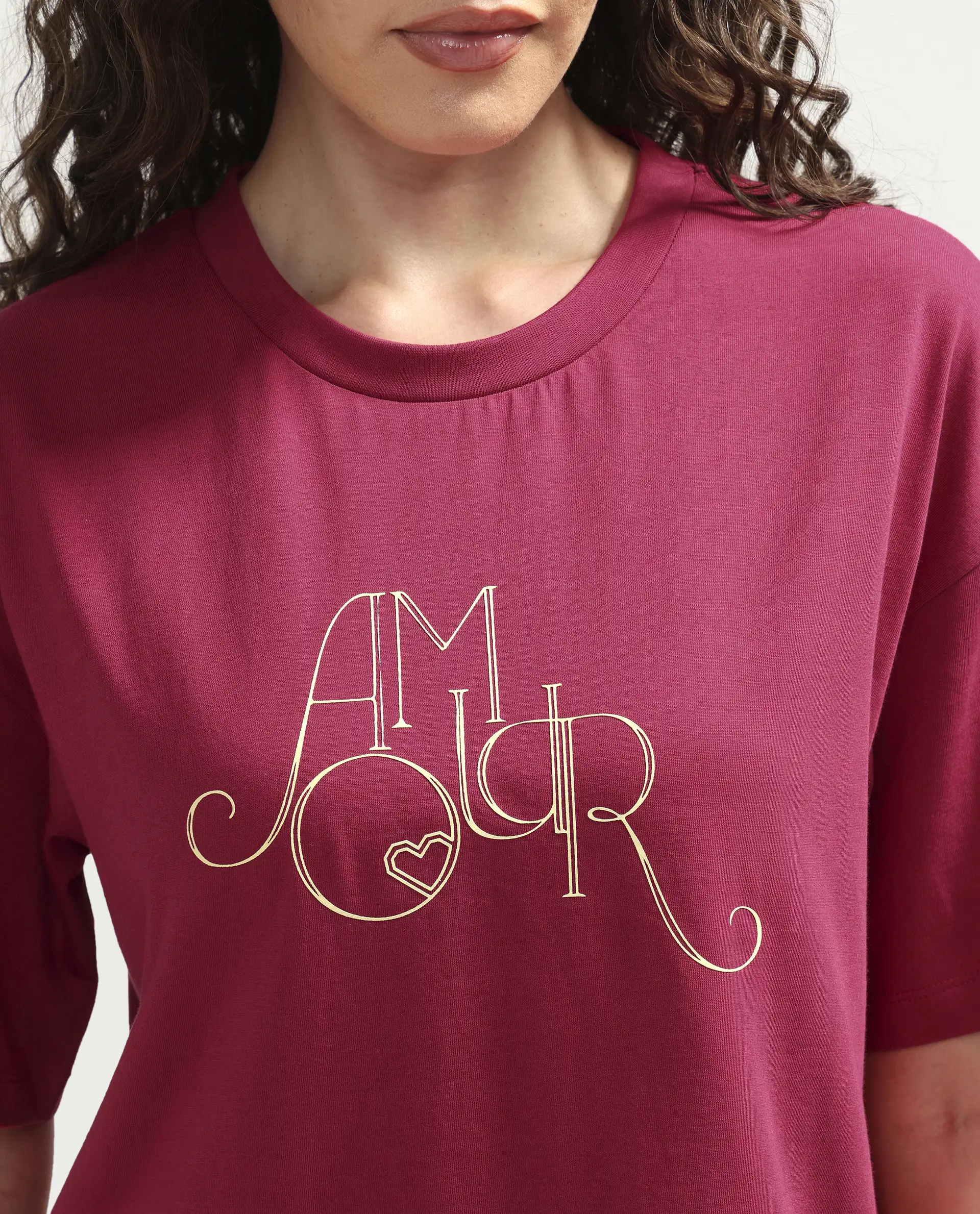 Rareism Women's Zamor Dark Pink Cotton Crew Neck Pull-On Boxy Typography Print T-Shirt - Image 4